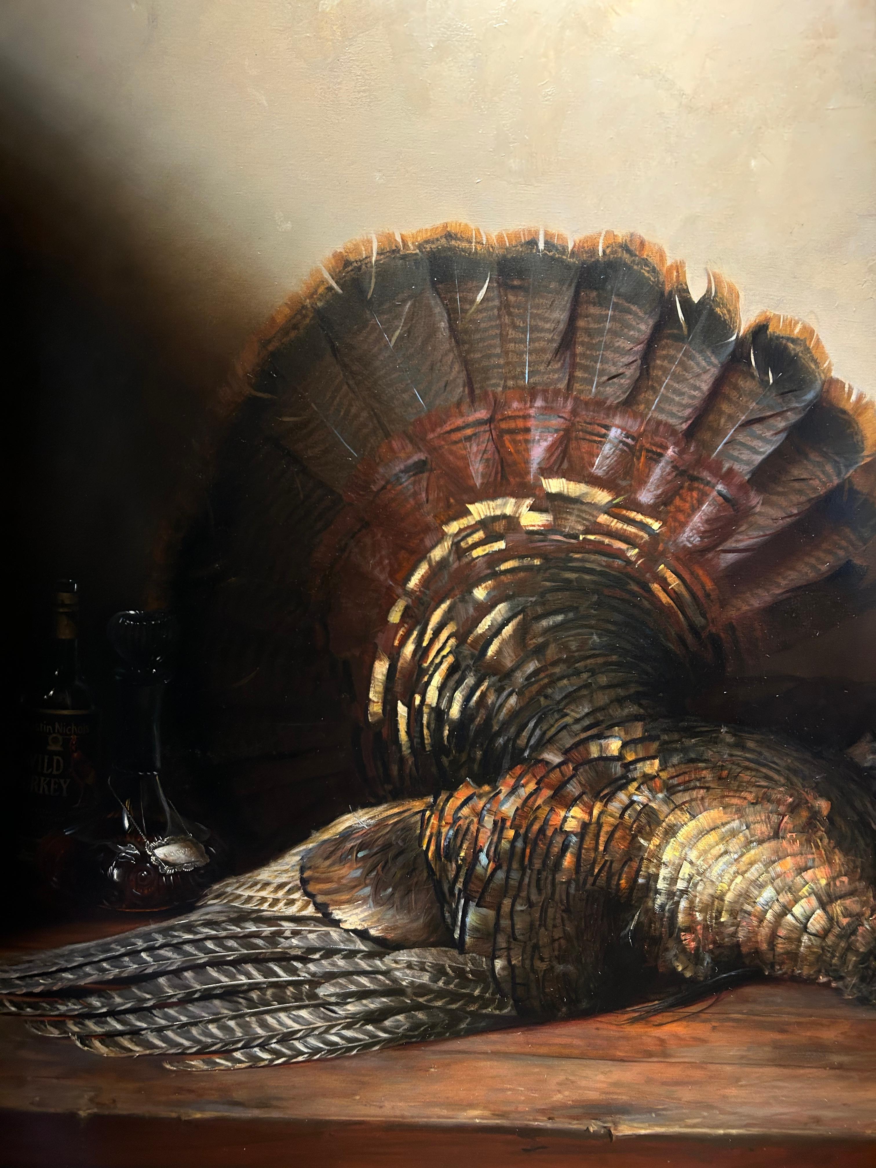 This wonderful original oil painting by Paul S. Brown depicts a wild turkey, with its glorious feathers spread across the table. Brown's extraordinary attention to detail and impeccable technique brings this iconic symbol of the outdoors to life,