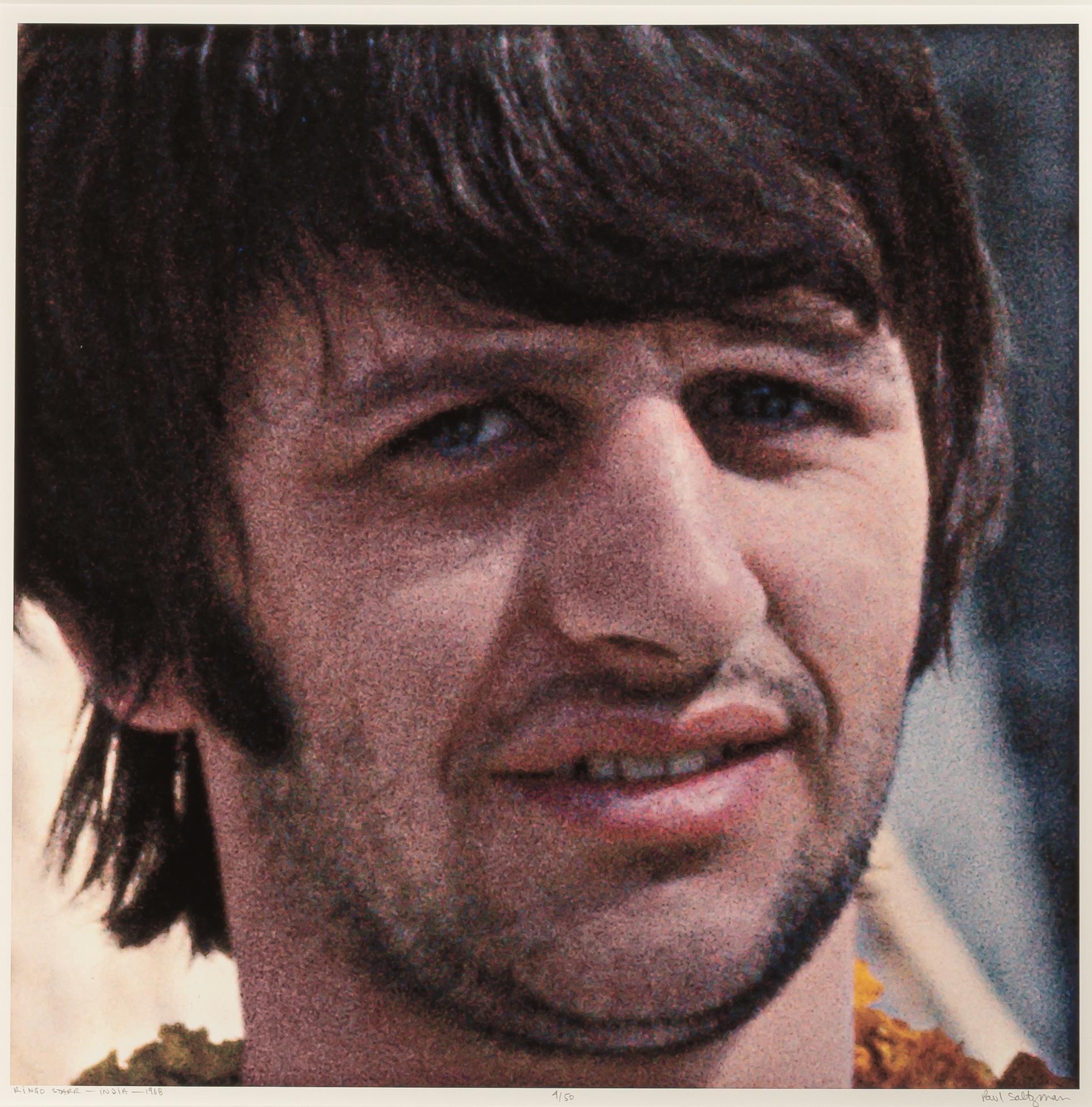 John Lennon, Paul McCartney, George Harrison and Ringo Starr, Rishikesh India - Black Portrait Photograph by Paul Saltzman
