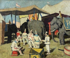 “Circus Yard” American Regionalist, Elephants, Tents, Performers, Clowns, Oil