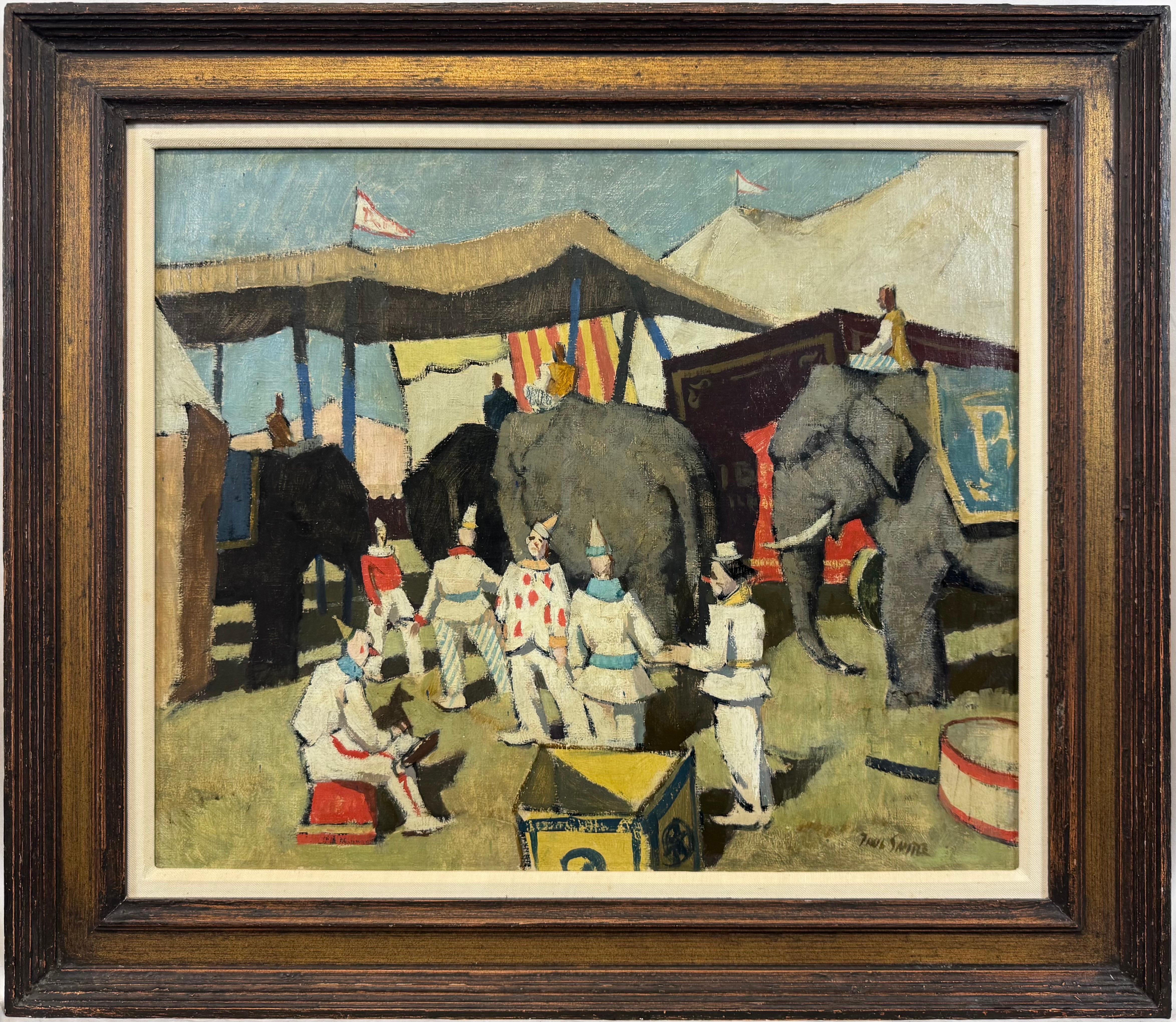 “Circus Yard” American Regionalist, Elephants, Tents, Performers, Clowns, Oil