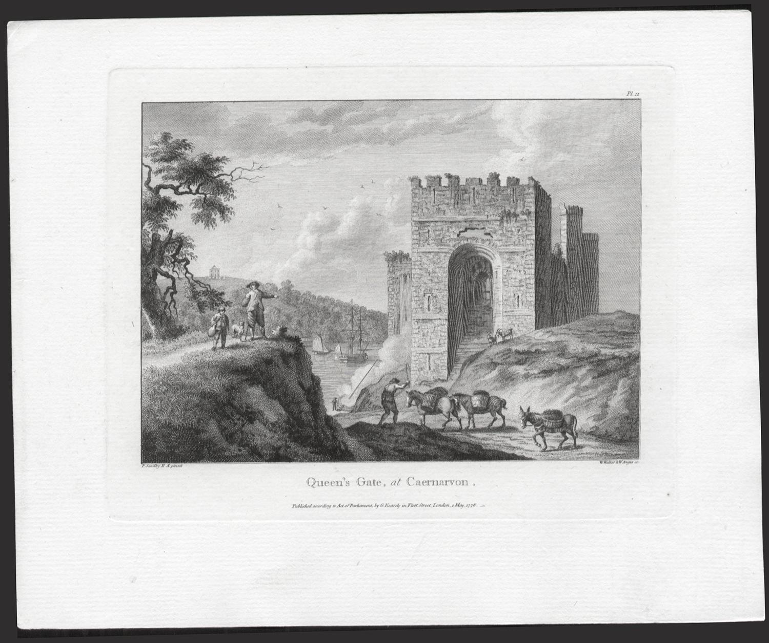 Porta della Regina, a Caernarfon, in Galles. Paul Sandby Incisione di paesaggi del 18° secolo in vendita 1