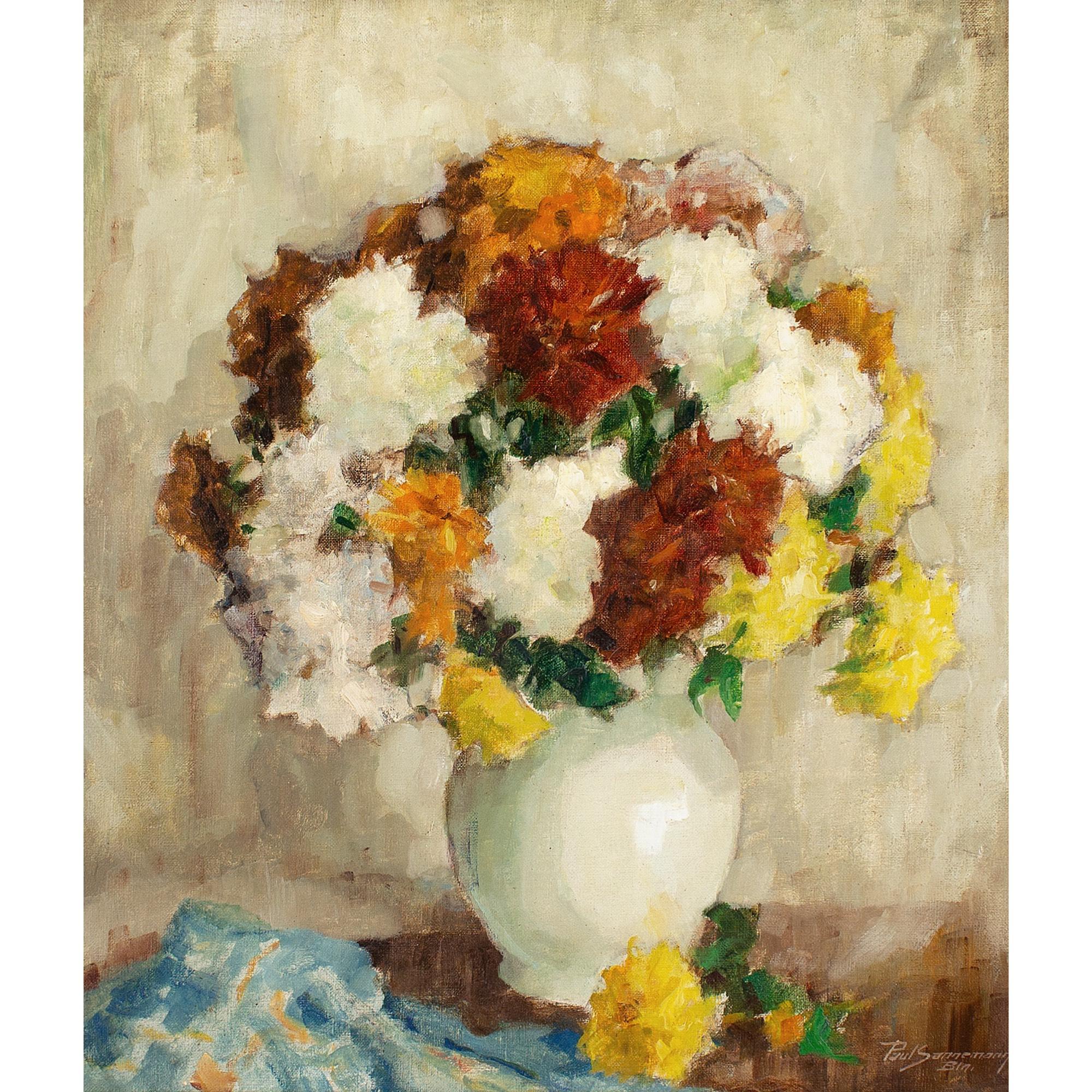 This early 20th-century oil painting by German artist Paul Sannemann (1886-1943) depicts a vibrant still life with chrysanthemums.

Sannemann had an eye for colour, never one to shy away from a vivid composition. Here, the blooms are effervescent,