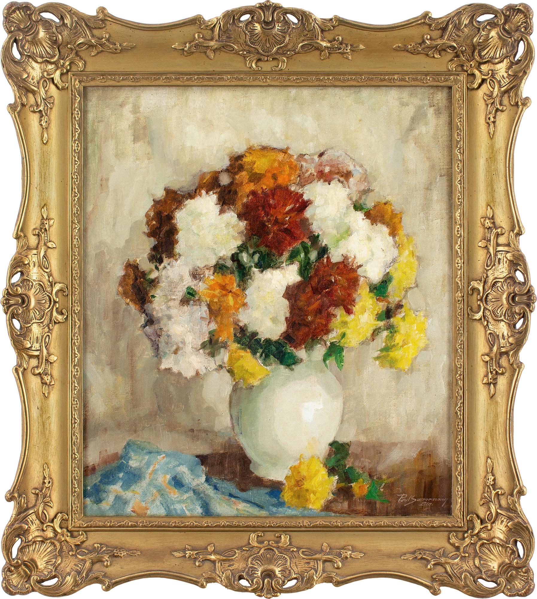 Cette peinture à l'huile du début du XXe siècle de l'artiste allemand Paul Sannemann (1886-1943) représente une vibrante nature morte avec des chrysanthèmes.

Sannemann avait l'œil pour les couleurs et n'hésitait pas à utiliser des compositions