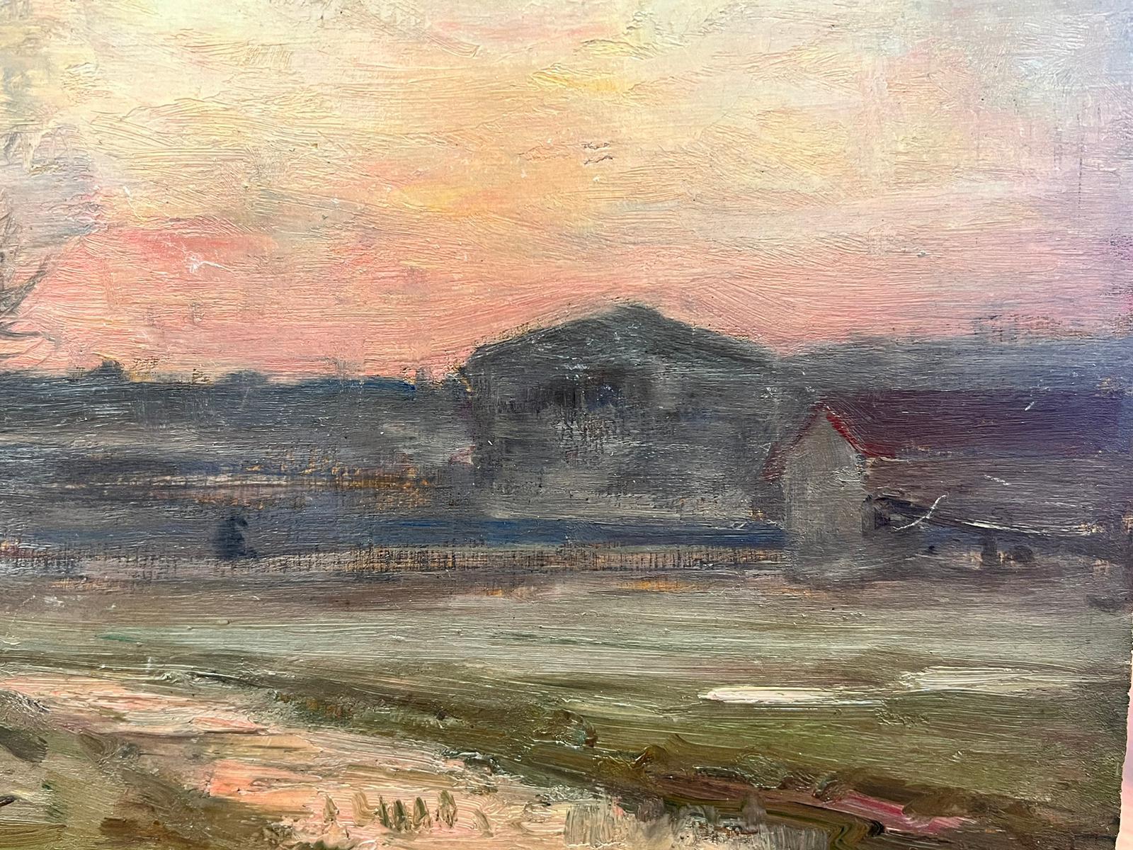 1890's Óleo Impresionista Francés Firmado Cielo Rosa del Atardecer sobre Campos de Campo - Painting de Paul Sébilleau 