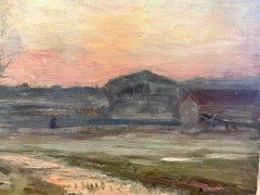 1890’s French Impressionist Signed Oil Pink Sunset Sky over Countryside Fields