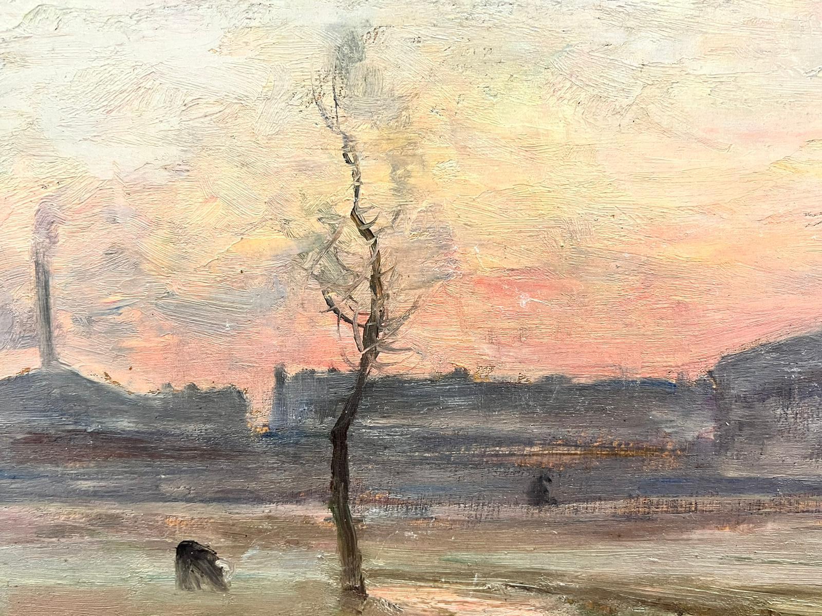 1890's Óleo Impresionista Francés Firmado Cielo Rosa del Atardecer sobre Campos de Campo - Animal Painting Beige de Paul Sébilleau 