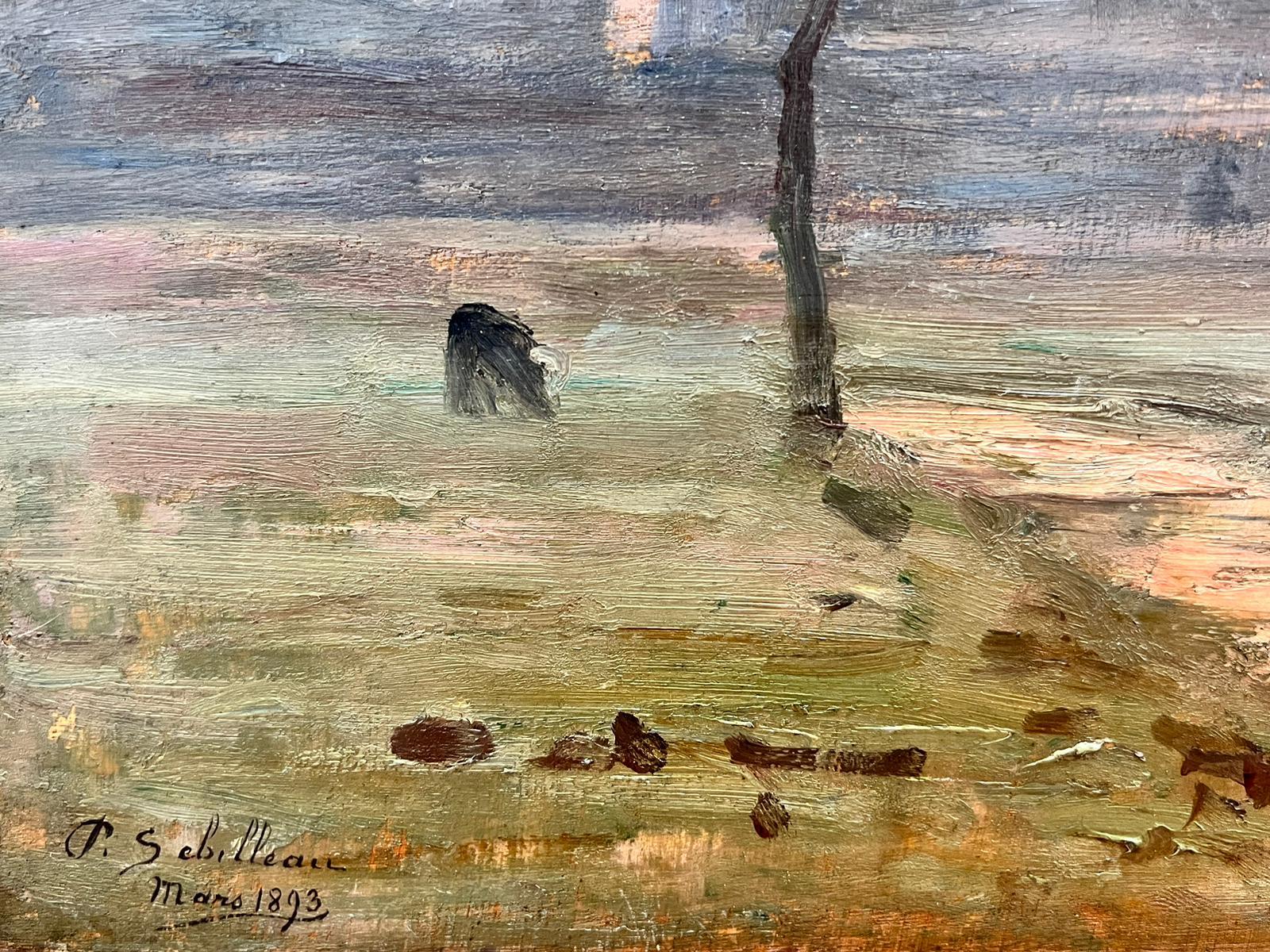 Artista/ Escuela: Paul Sebilleau. (francés 1848-1907), firmado y fechado en marzo de 1893

Título: Puesta de sol

Técnica: Óleo sobre tabla 

Tamaño: 10,5 x 14 pulgadas

Procedencia: colección privada, Francia

Estado de conservación: El cuadro se