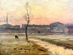 1890’s French Impressionist Signed Oil Pink Sunset Sky over Countryside Fields