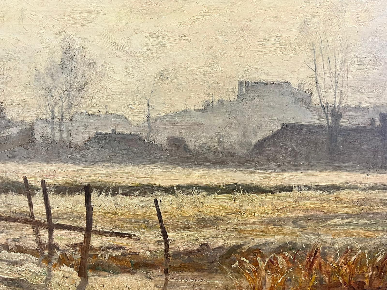 Huile impressionniste française de 1890 signée Matin brumeux hivernal Champs ruraux - Painting de Paul Sébilleau 