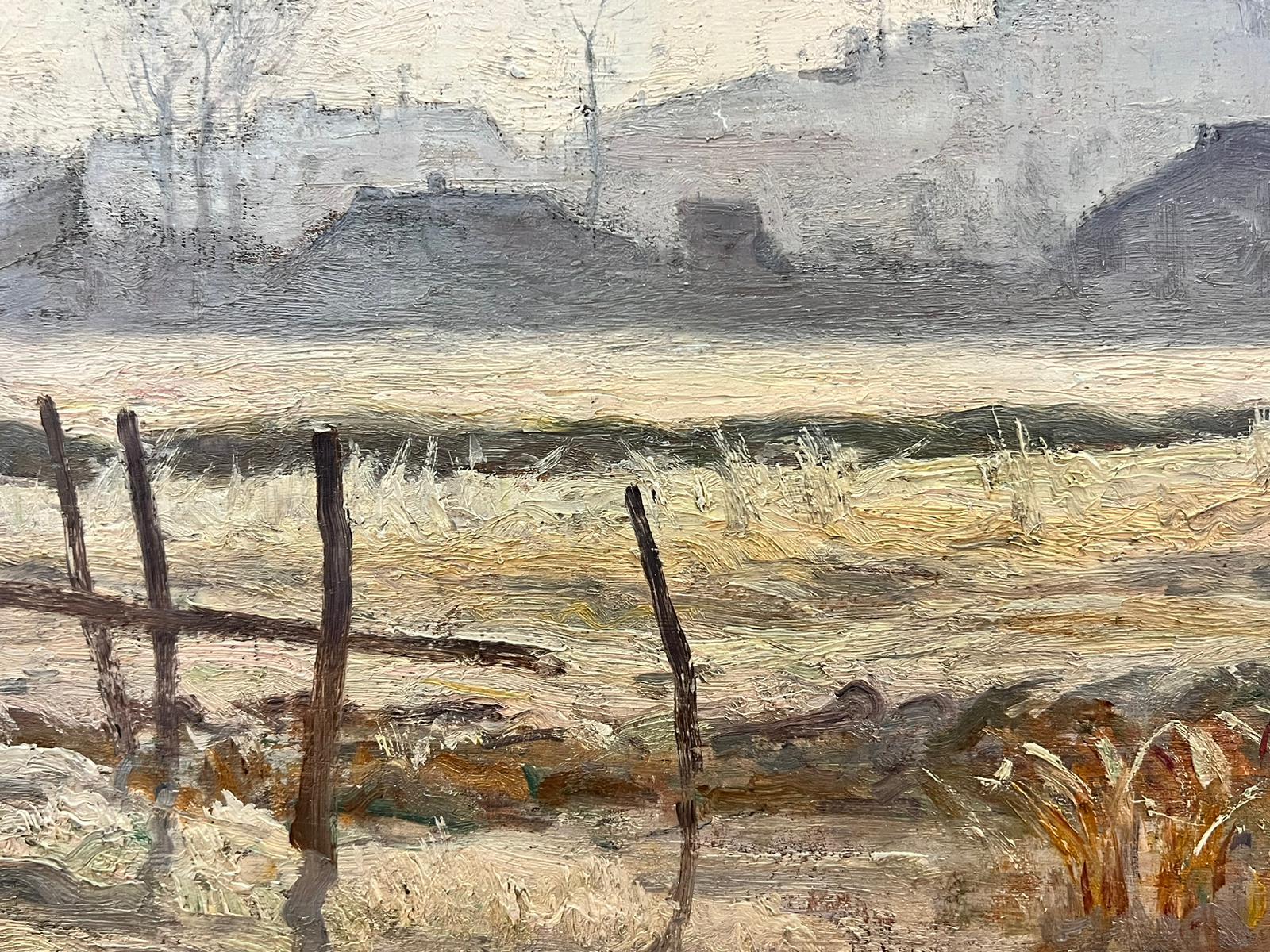 1890’s French Impressionist Signed Oil Wintry Misty Morning Rural Fields For Sale 1