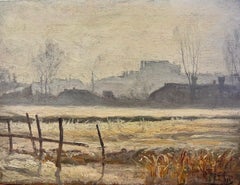 Huile impressionniste française de 1890 signée Matin brumeux hivernal Champs ruraux