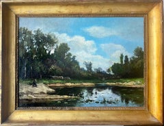 French 19th century Impressionist Barbizon Landscape Bordeaux River Bank Forest