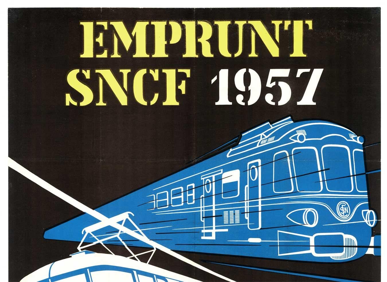 Original Emprunt SNCF 1957 Souscrivez Vintage Französisch Eisenbahn Plakat Leinen zurückgegeben – Print von Paul Schmitt