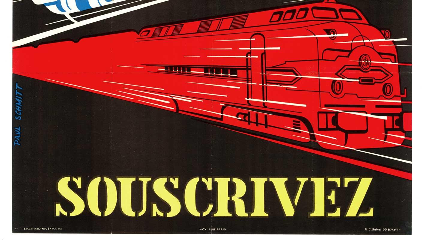 Original Emprunt SNCF 1957 Souscrivez Vintage Französisch Eisenbahn Plakat Leinen zurückgegeben (Schwarz), Figurative Print, von Paul Schmitt