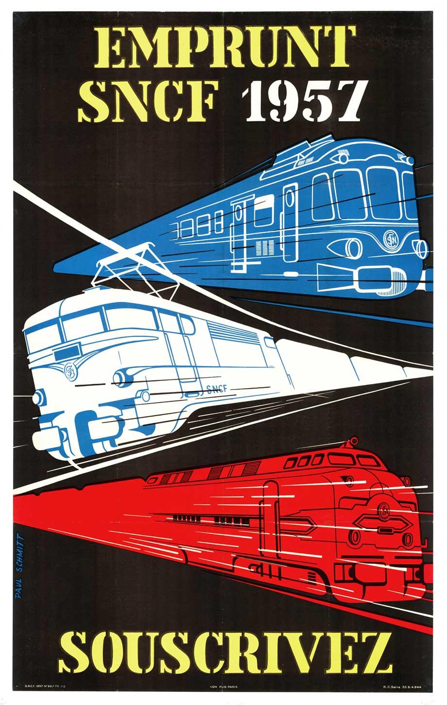 Paul Schmitt Figurative Print – Original Emprunt SNCF 1957 Souscrivez Vintage Französisch Eisenbahn Plakat Leinen zurückgegeben