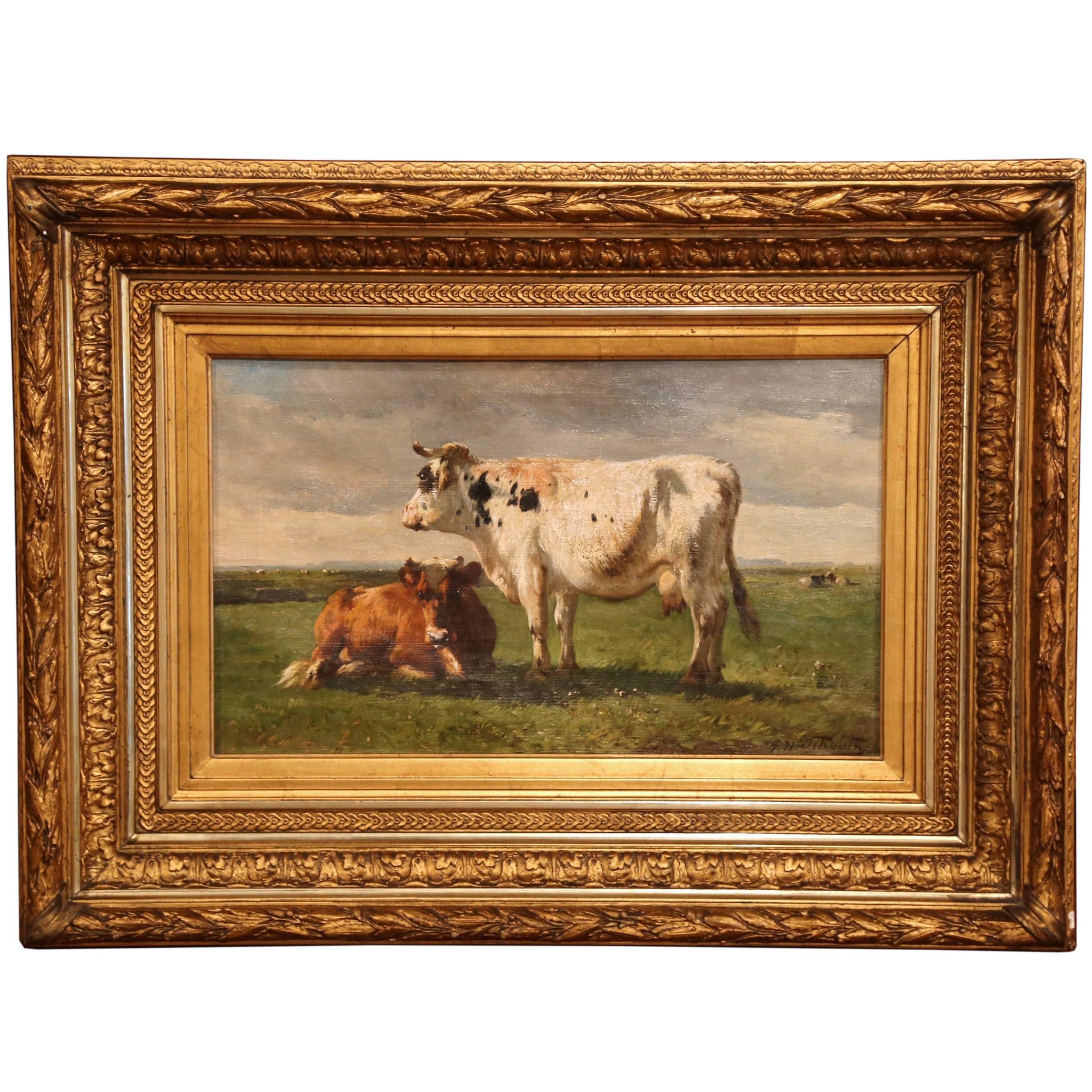 Paul Schouten Animal Painting - 19th Century Gilt Framed Oil on Canvas Cow Painting Signed Paul Henri Schouten