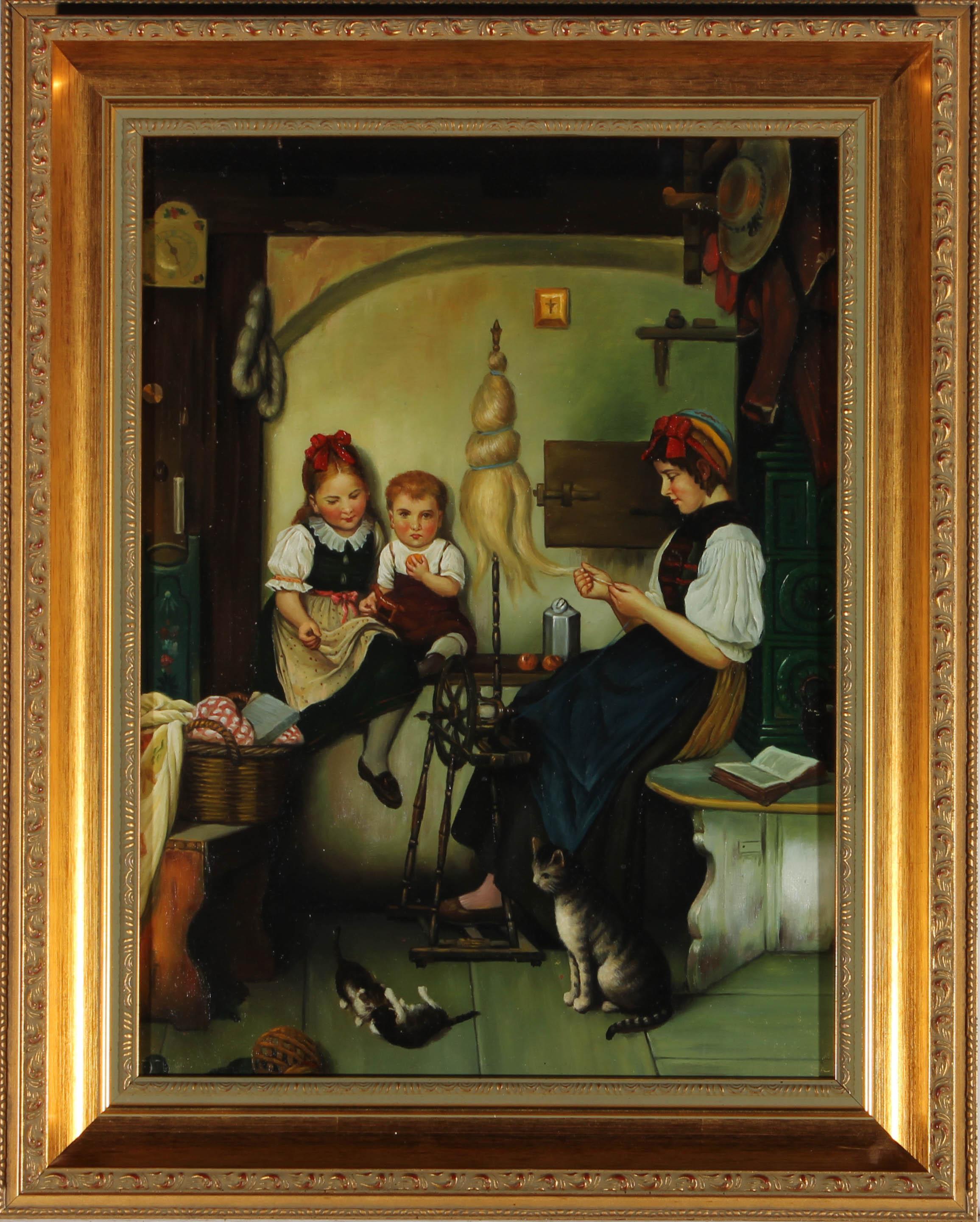 An intriguing oil painting after Paul Seignac (1826-1904), depicting an interior family scene. A mother is busy spinning wool in the kitchen, with her two young children quietly sat together on a worktop ledge. The composition is packed fully of