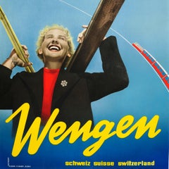 Original Vintage Swiss Ski Travel Poster For Wengen Switzerland Bernese Oberland