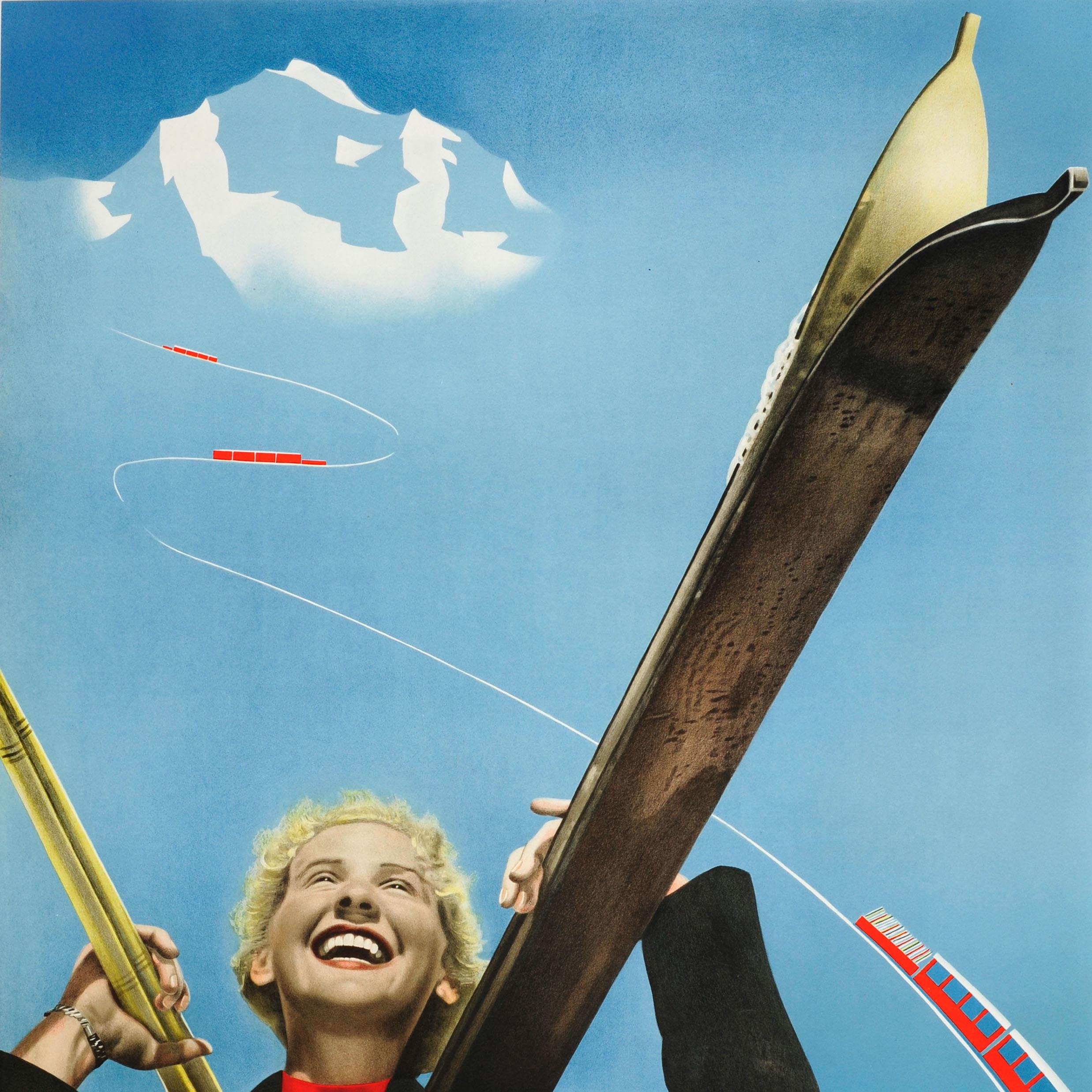 Originales Schweizer Vintage-Ski-Reiseplakat für Wengen, Schweiz, Berner Oberland (Blau), Print, von Paul Senn and Peter Marti
