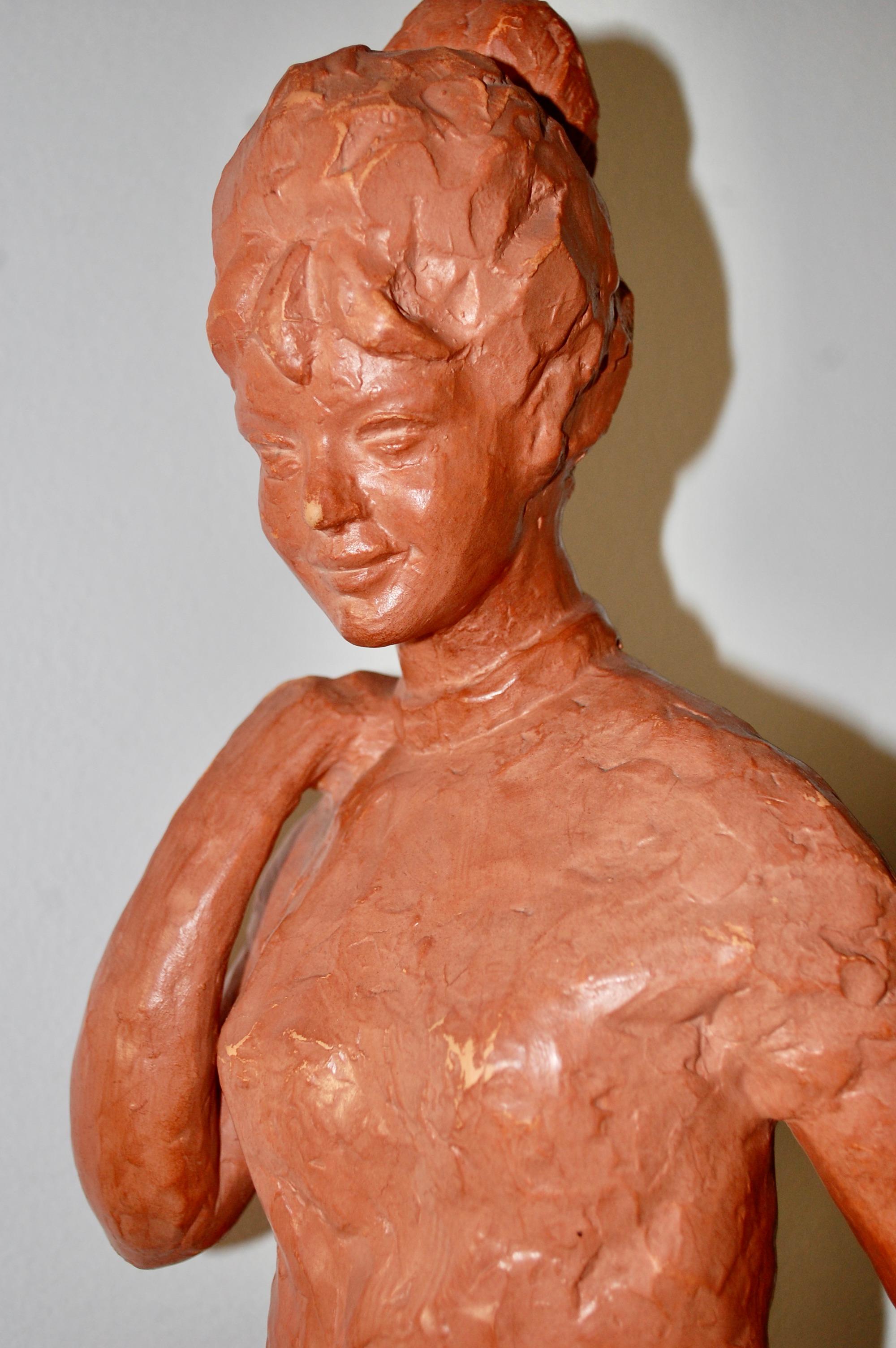 Young Woman Walking With Backpack Terra Cotta  - Gray Figurative Sculpture by Paul Serste