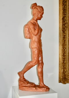 Young Woman Walking With Backpack Terra Cotta Sculpture