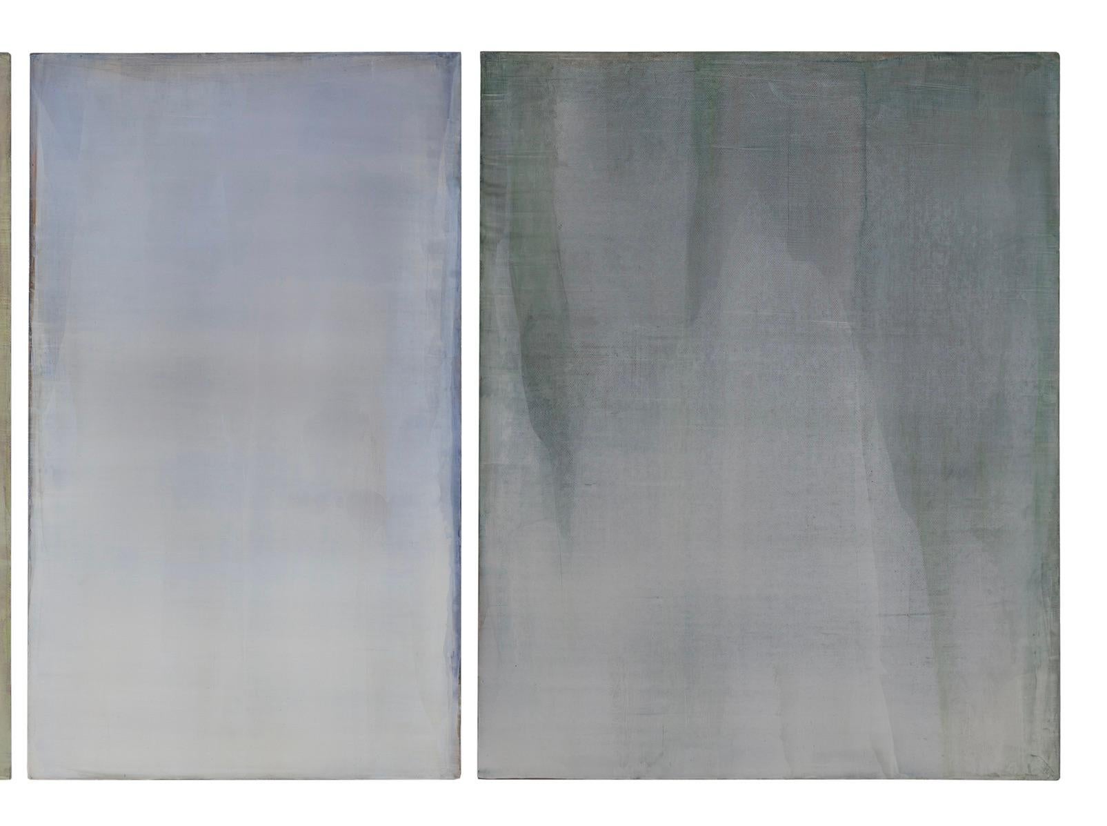 Paul Shakespear’s minimalist works constantly explore the material properties of paint. This triptych is beautifully surfaced.
The artist strives to achieve translucence, depth or even a stony surface. The work has no narrative. It has some mark