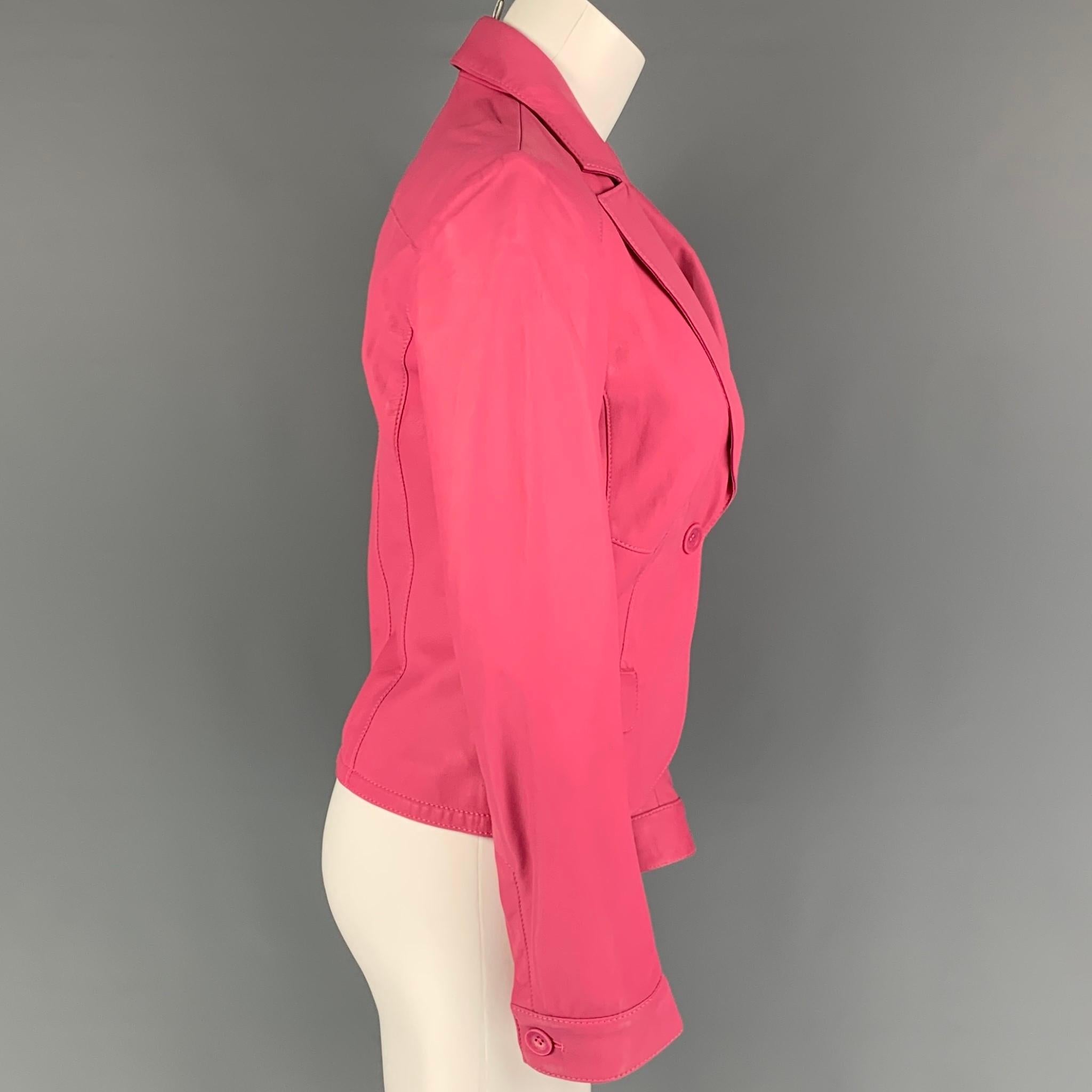 PAUL & SHARK jacket comes in a pink leather with a floral liner featuring a notch lapel, flap pockets, top stitching, and a single button closure. 

Very Good Pre-Owned Condition.
Marked: XS

Measurements:

Shoulder: 15 in.
Bust: 34 in.
Sleeve: 24.5