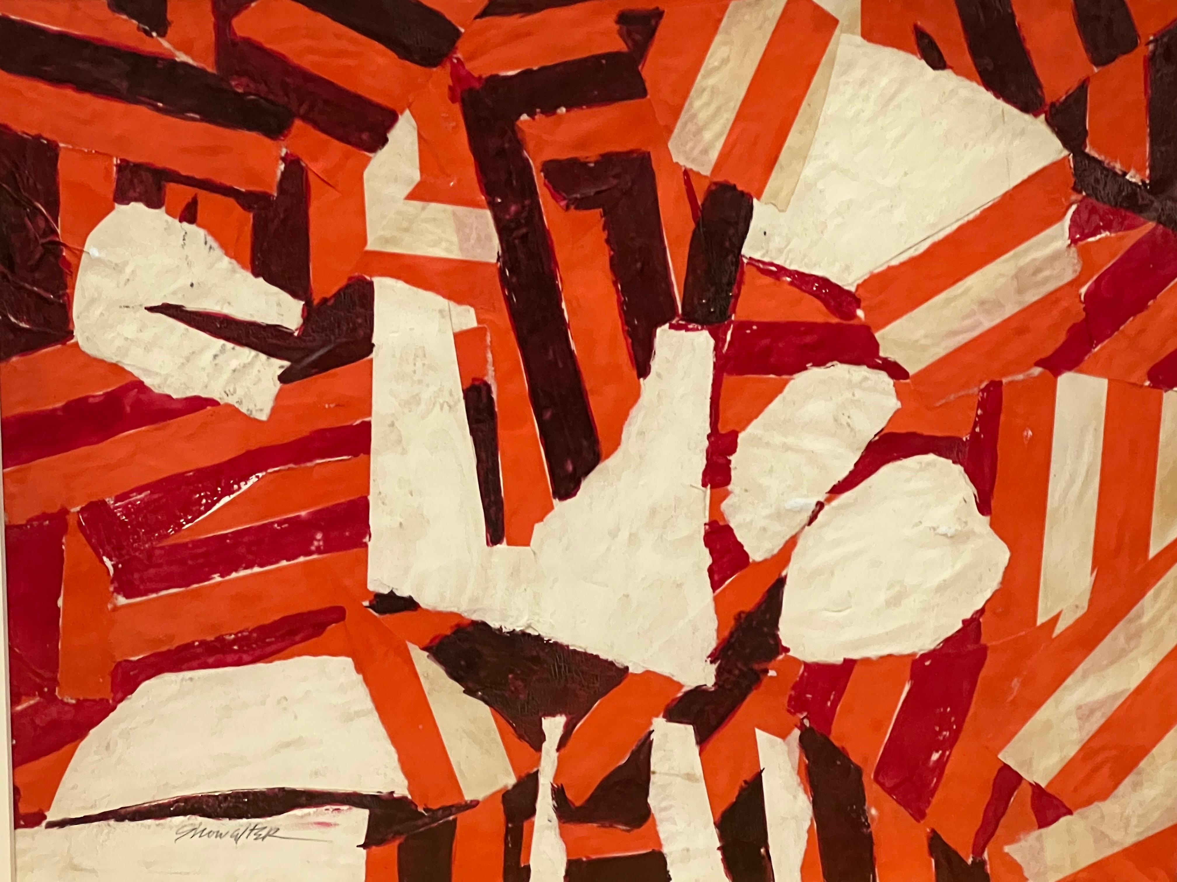 White, brown, red, and orange lines shape an abstract maze in this signed painting by Paul Showalter.

October 10, 1940 - May 24, 2019 
Artist, Designer, Painter, Poet, Sculptor Paul Showalter was born in Pasadena, California in 1940. Paul studied