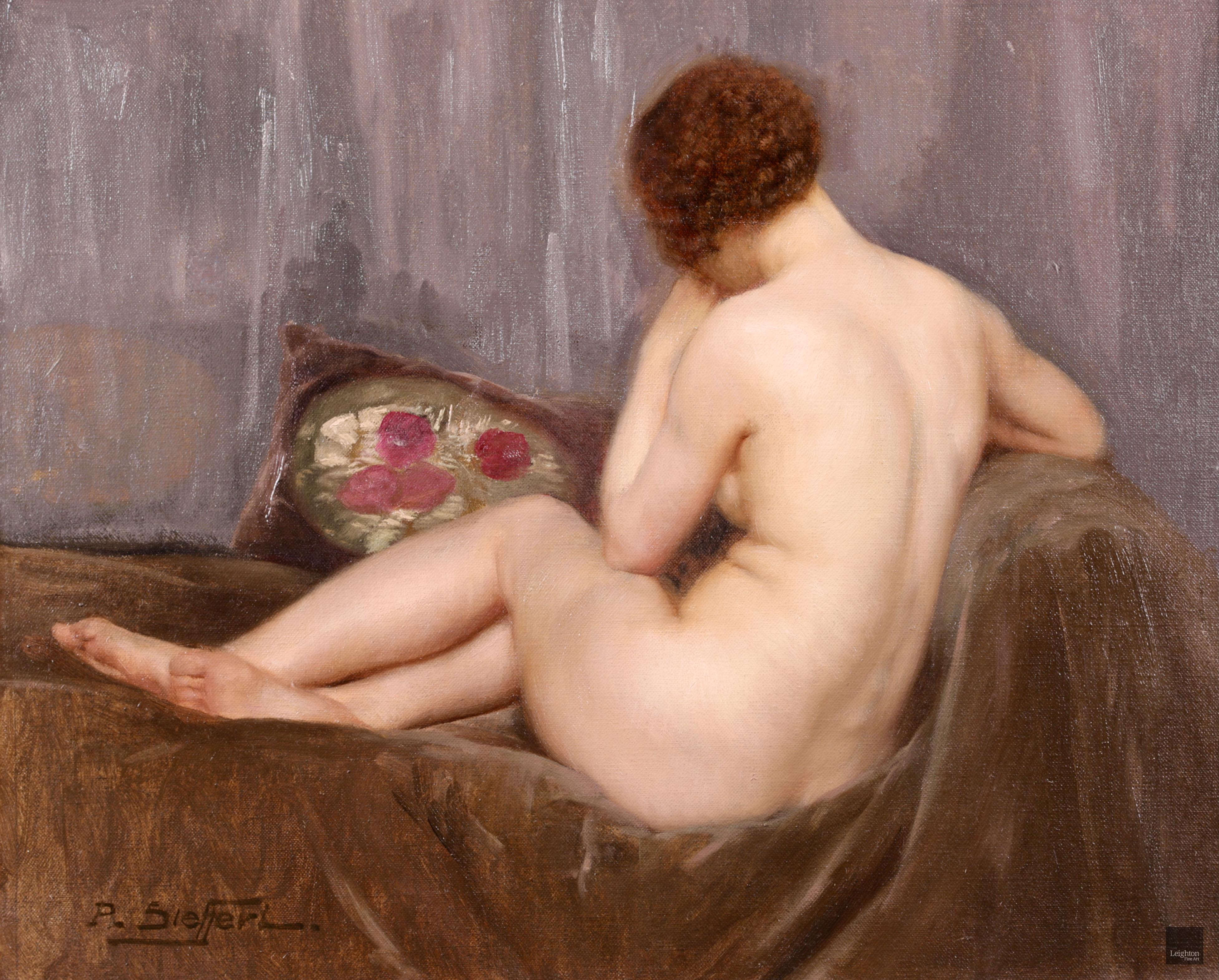 Signed impressionist oil on canvas circa 1920 by French painter Paul Sieffert. The piece depicts a nude red-haired woman facing away from the artist resting on a brown fur rug laid upon a chaise longue.

Signature:
Signed lower