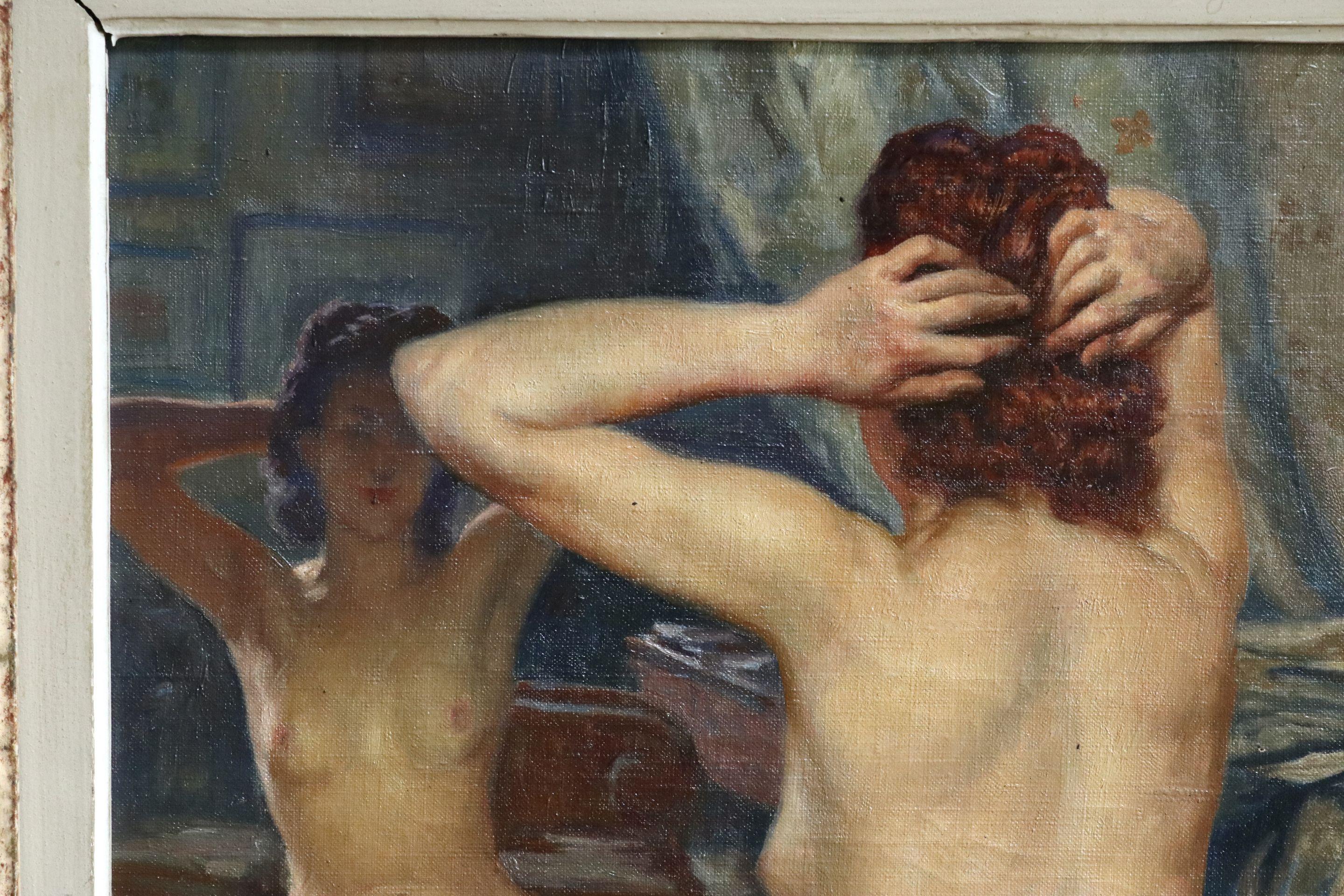 Oil on canvas circa 1920 by Paul Sieffert of a nude doing her hair as she sits in front of a mirror in an elegant interior. Signed lower right and signed and numbered verso. Framed dimensions are 23.5 inches high by 20.5 inches wide.

Paul Sieffert,