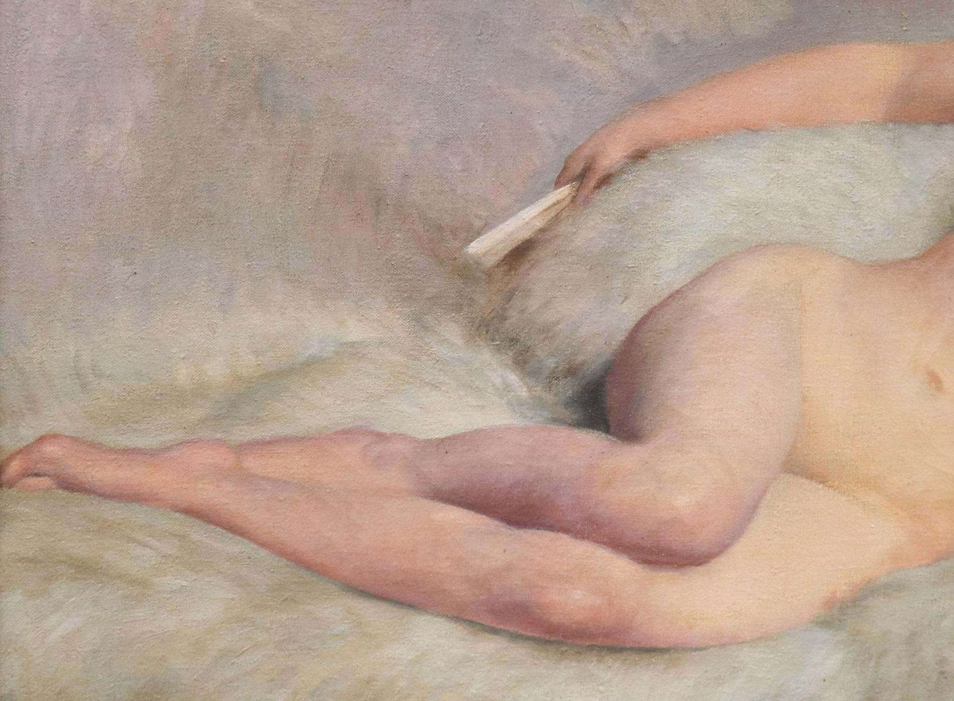 Nu Allongé avec un Éventail - French Fin de Siècle Nude Oil Painting Paris Salon 1