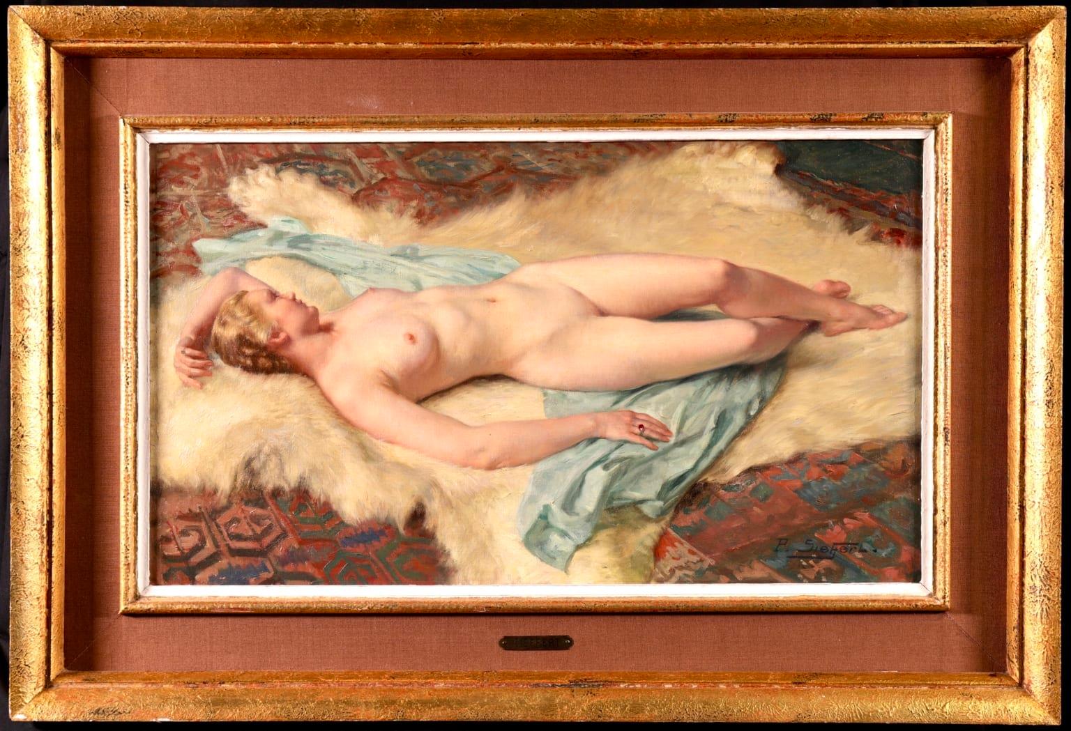 A beautiful and delicately painted oil on canvas circa 1930 by French impressionist painter Paul Sieffert depicting a nude laid on a pale green sheet on top of a fur rug. This work is number 316 in the oeuvre of Paul Sieffert - numbered by the