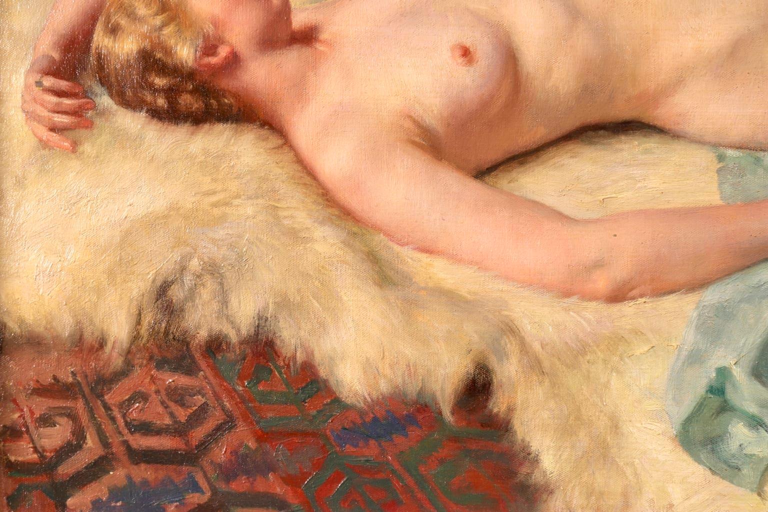 Nude Resting on Fur Rug - Impressionist Oil, Portrait of a Nude by Paul Sieffert 4