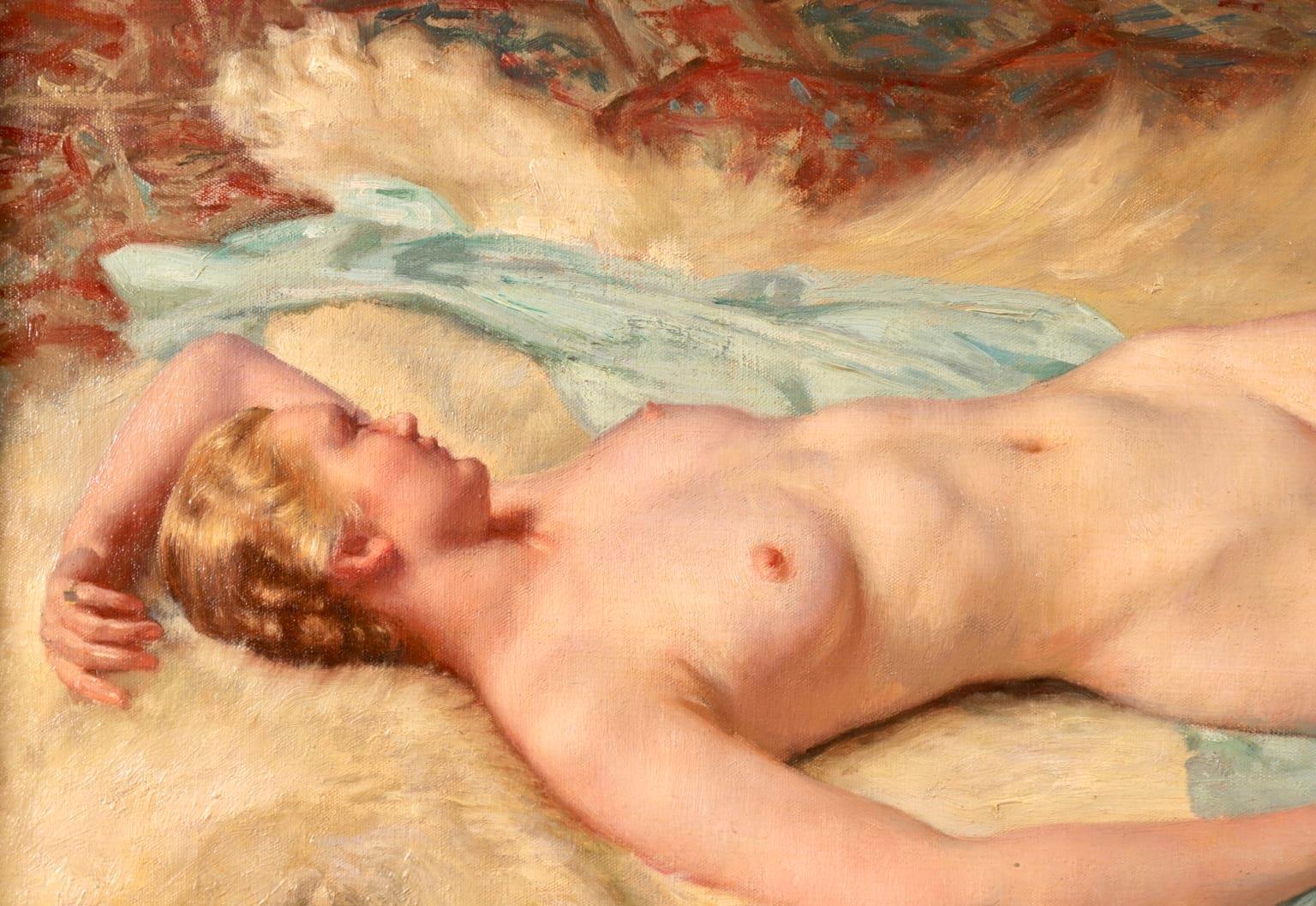 Nude Resting on Fur Rug - Impressionist Oil, Portrait of a Nude by Paul Sieffert 5
