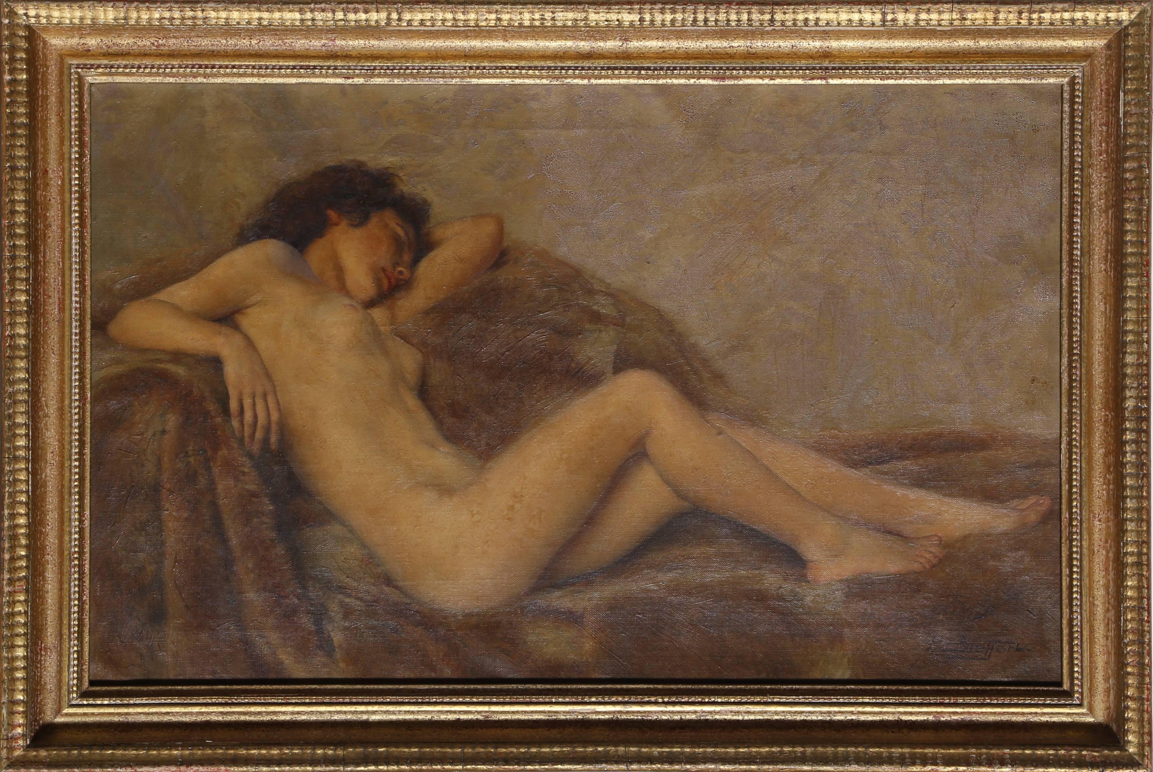 Artistics : Paul Sieffert, Français (1874 - 1957)
Titre : Nu couché
Année : vers 1940
Moyen d'expression : Huile sur toile, signée à gauche.
Taille : 15 x 24 in. (38.1 x 60.96 cm)
Taille du cadre : 18.5 x 27.5 pouces