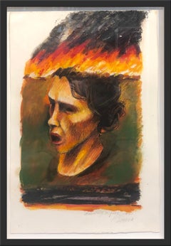 "Disegno del fuoco" - Disegno figurativo a olio su carta