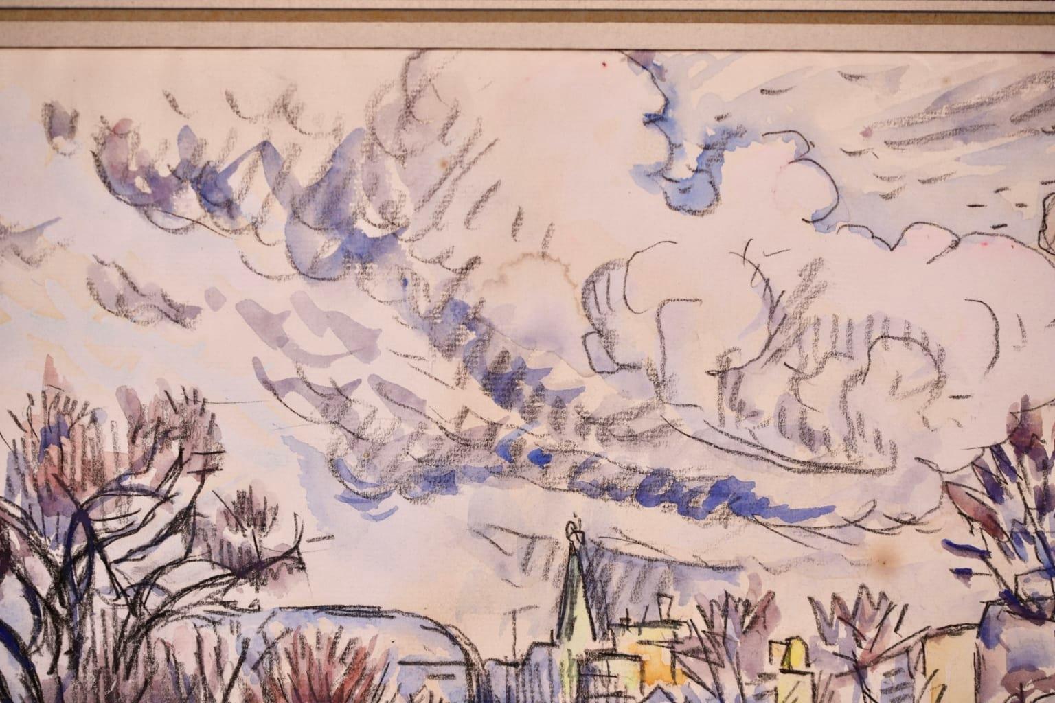 A charming watercolour, charcoal and graphite on paper circa 1925 by French neo impressionist painter Paul Signac depicting a view of the Pont Neuf bridge over the River Seine in Paris, France on a cool autumn day.

Signature:
Signed lower