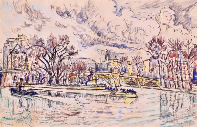A charming watercolour, charcoal and graphite on paper circa 1925 by French neo impressionist painter Paul Signac depicting a view of the Pont Neuf bridge over the River Seine in Paris, France on a cool autumn day.

Signature:
Signed lower
