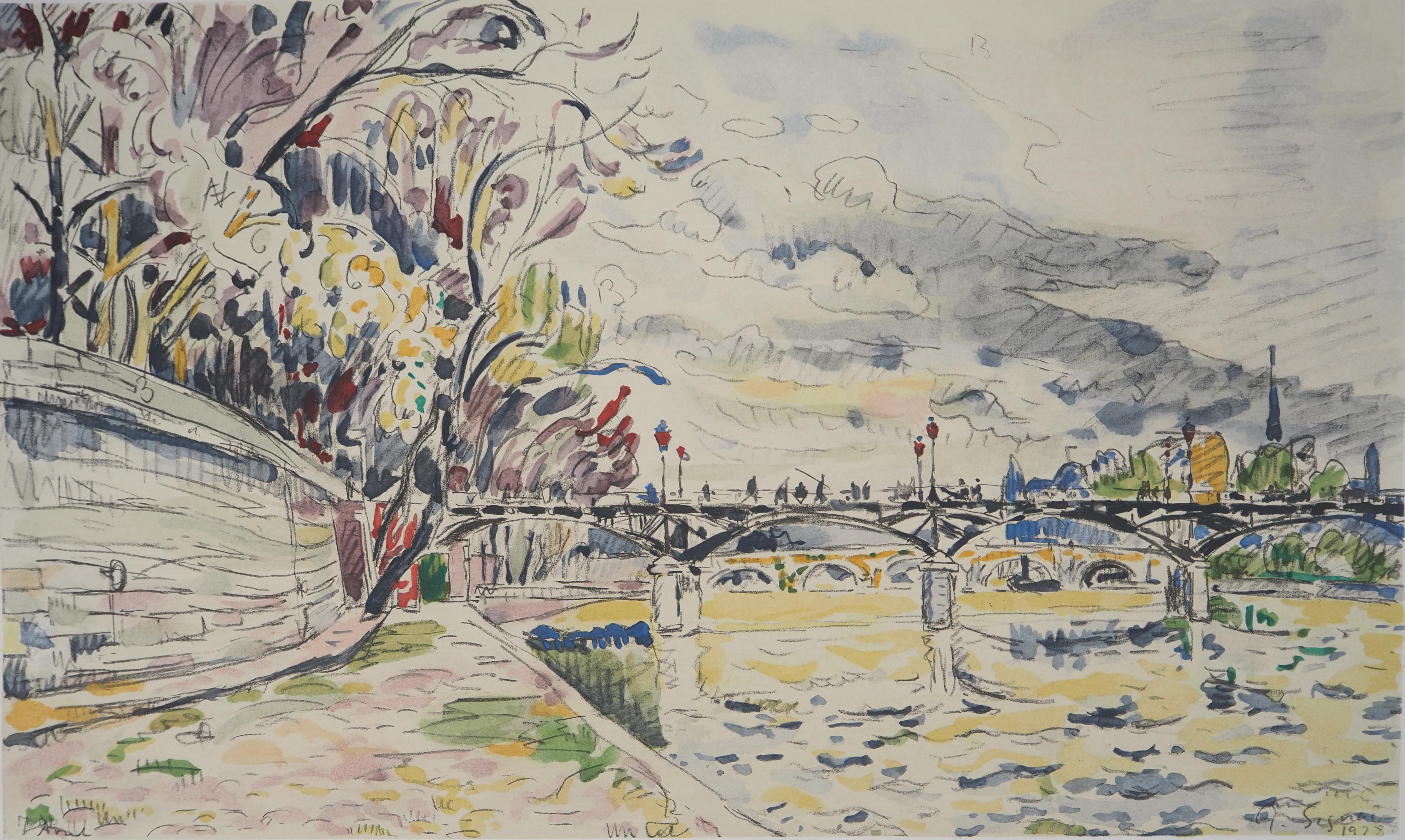 Parigi: ponti visti dalla Senna - Litografia - Print di Paul Signac