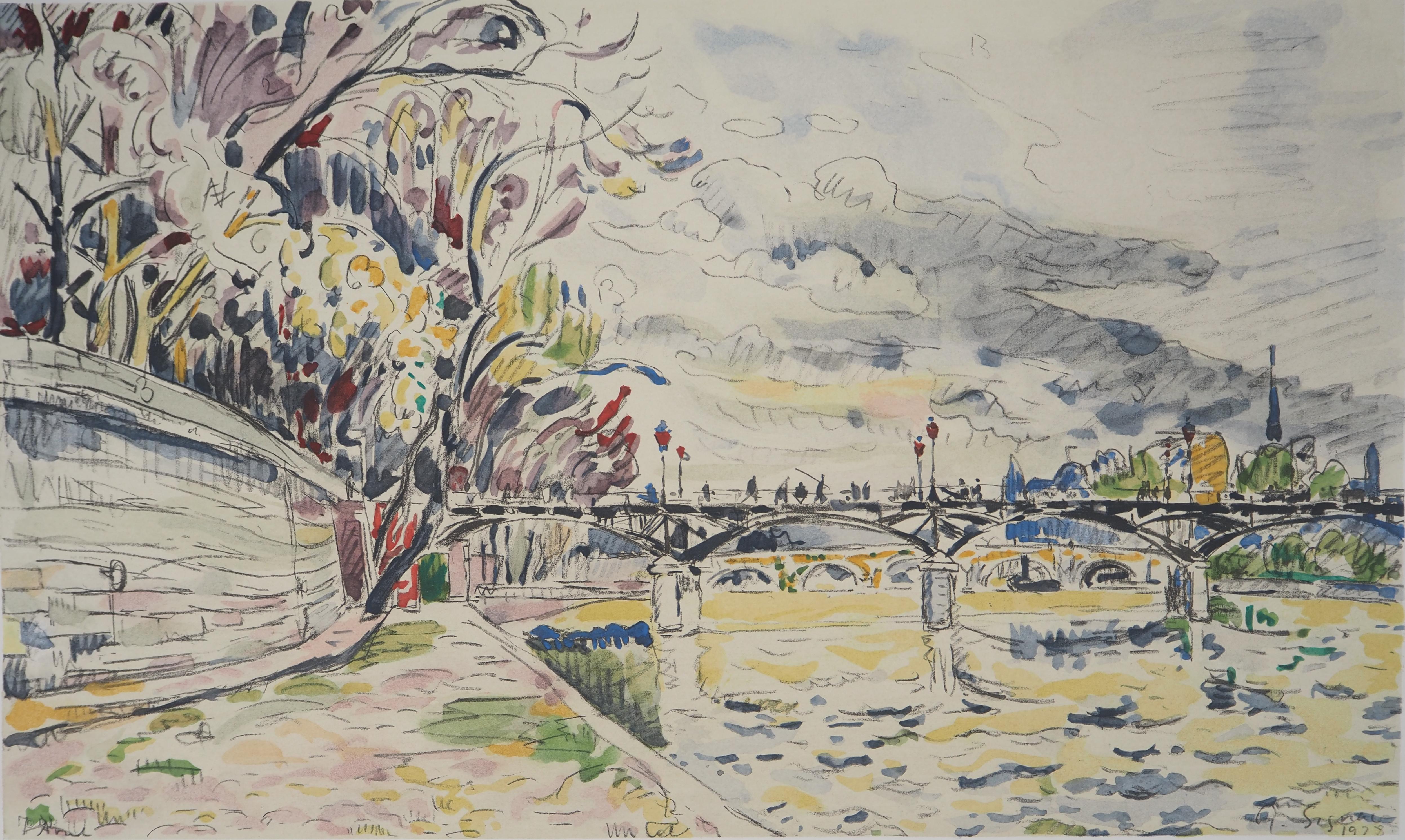 Paris : Bridges Seen from Seine River - Lithograph - Print by Paul Signac