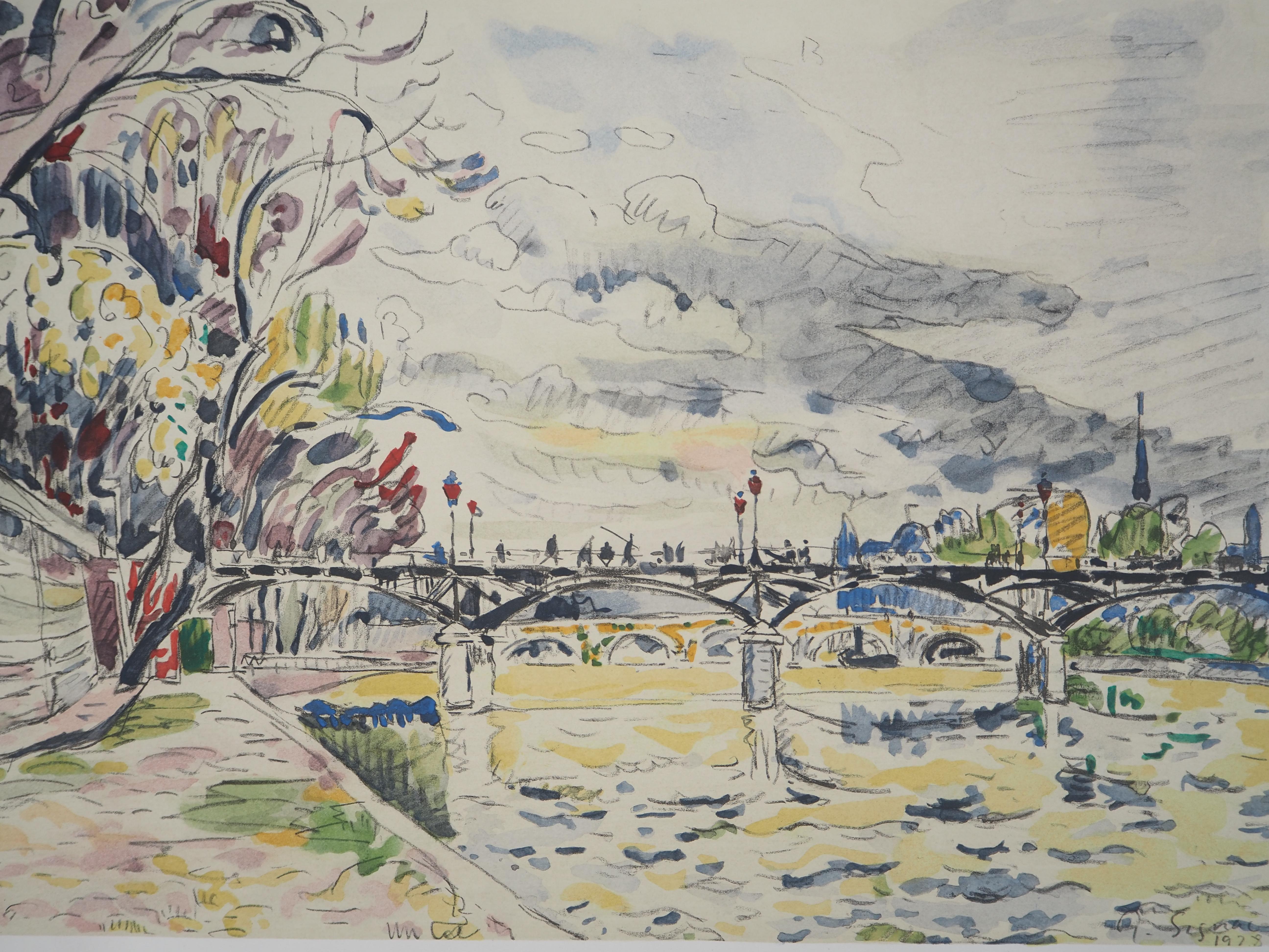 Paris : Ponts vus de la Seine - Lithographie - Post-impressionnisme Print par Paul Signac