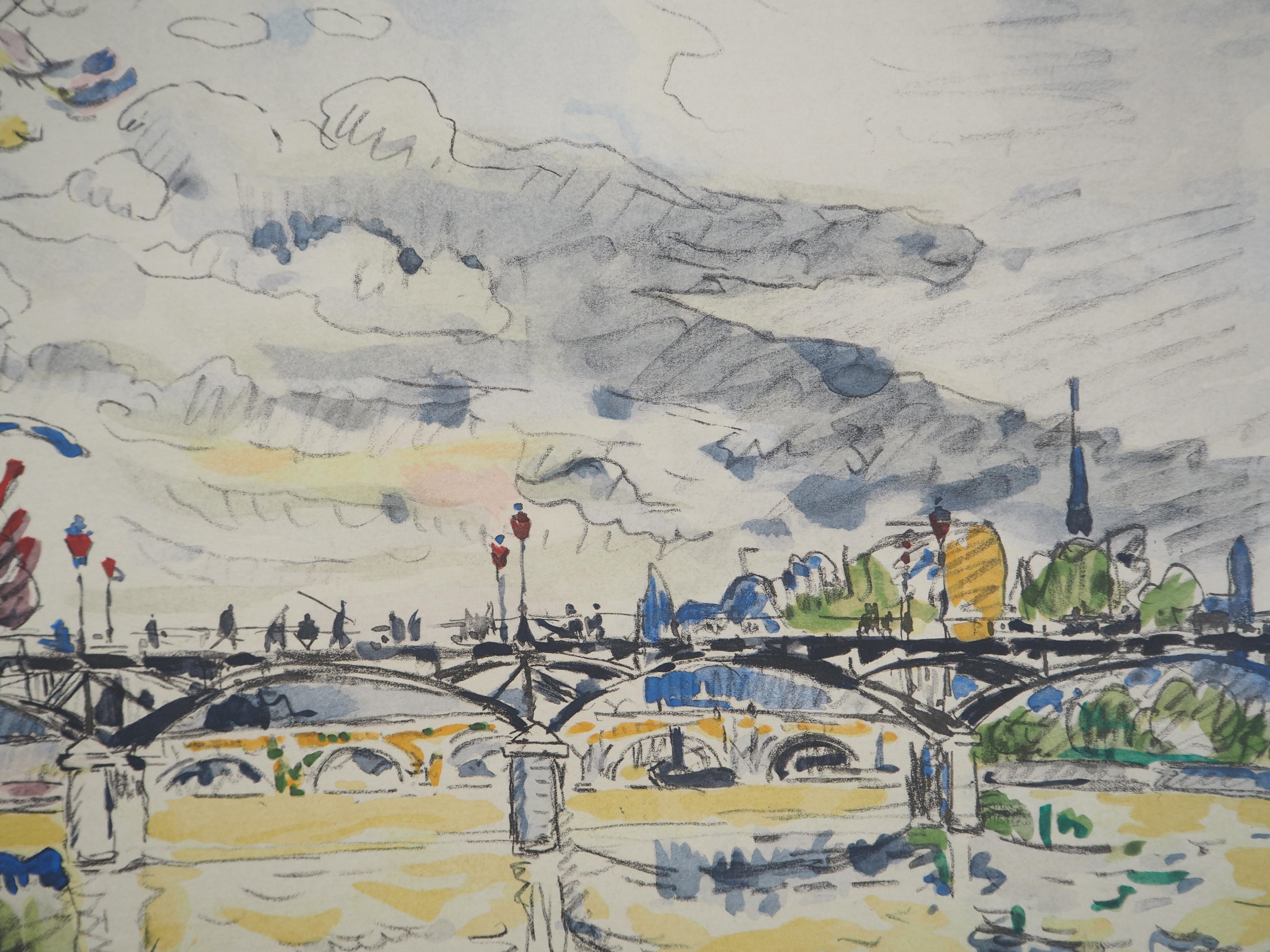 Paul Signac
Ponts vus depuis la Seine (Paris : La Passerelle des Arts vue des Quais de la Seine)

Lithographie et pochoir (procédé Jacomet) d'après une aquarelle de l'artiste
Signature imprimée dans la plaque
Authentifié avec le cachet de