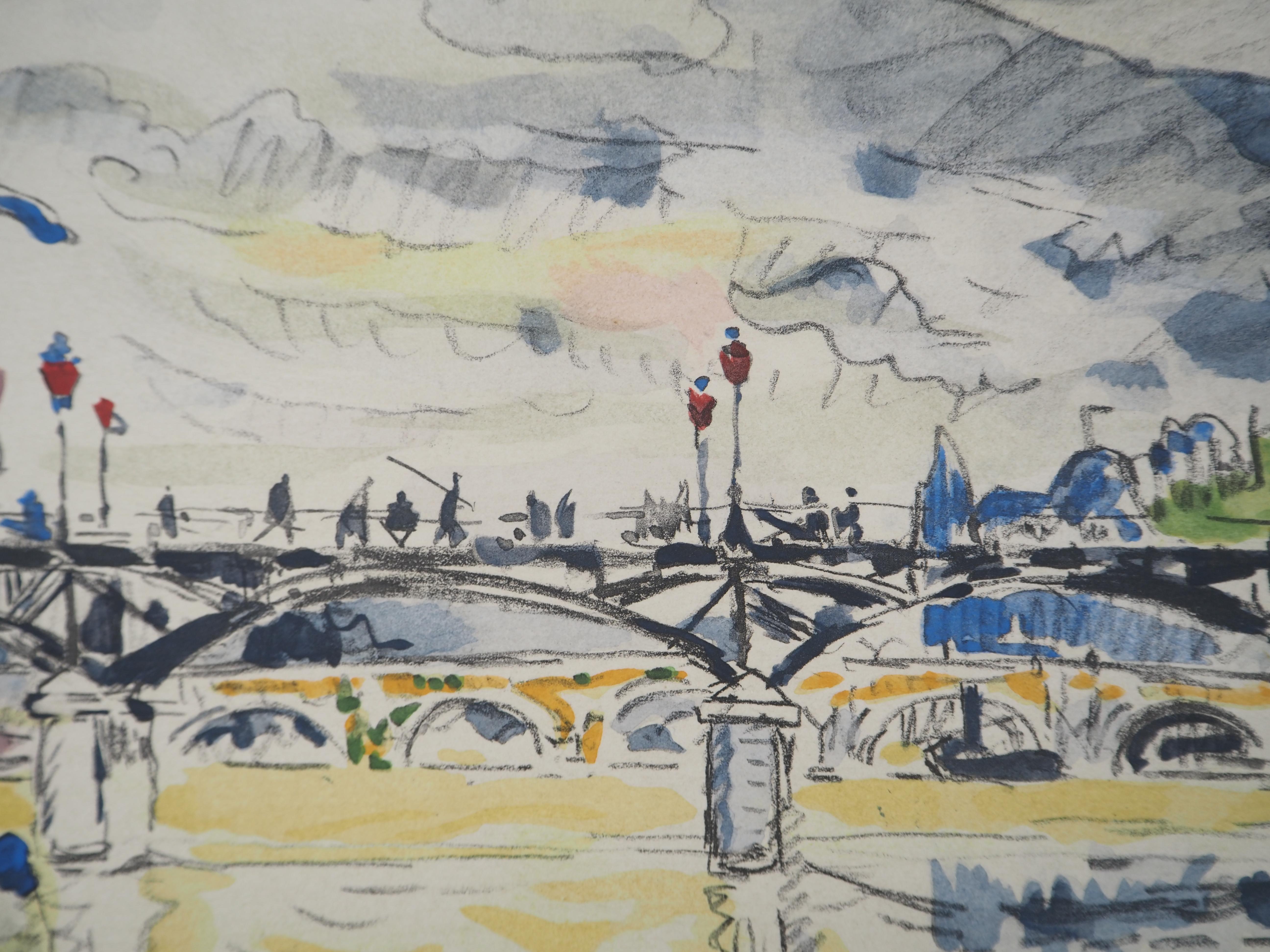 Paul Signac
Bridges Seen from Seine River (Paris : La Passerelle des Arts vue des Quais de la Seine)

Lithograph and stencil (Jacomet process) after a watercolor of the artist
Printed signature in the plate
Authenticated with the editor stamp
On