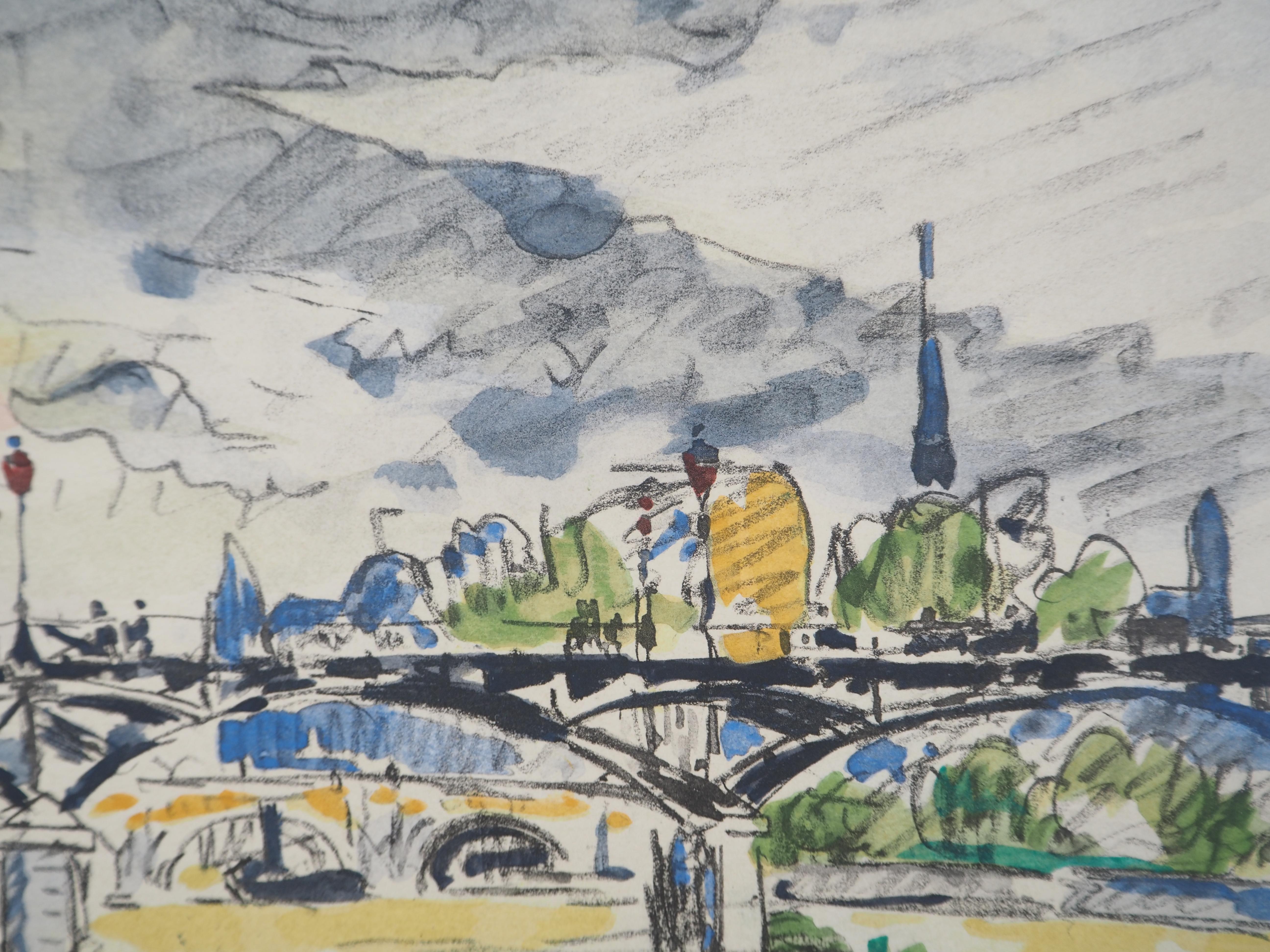 Paris : Bridges Seen from Seine River - Lithograph For Sale 1