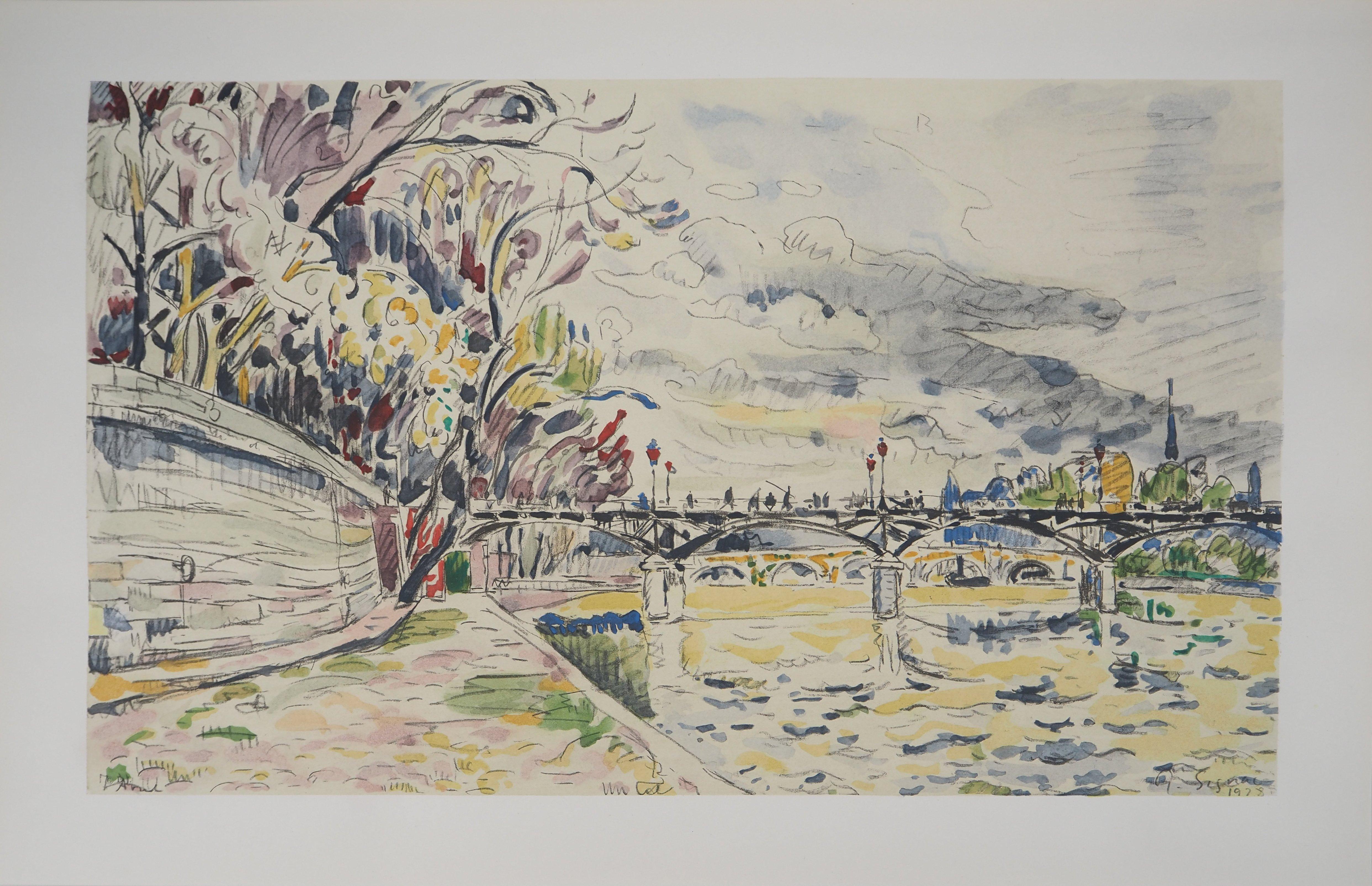 Paris : Bridges Seen from Seine River - Lithograph