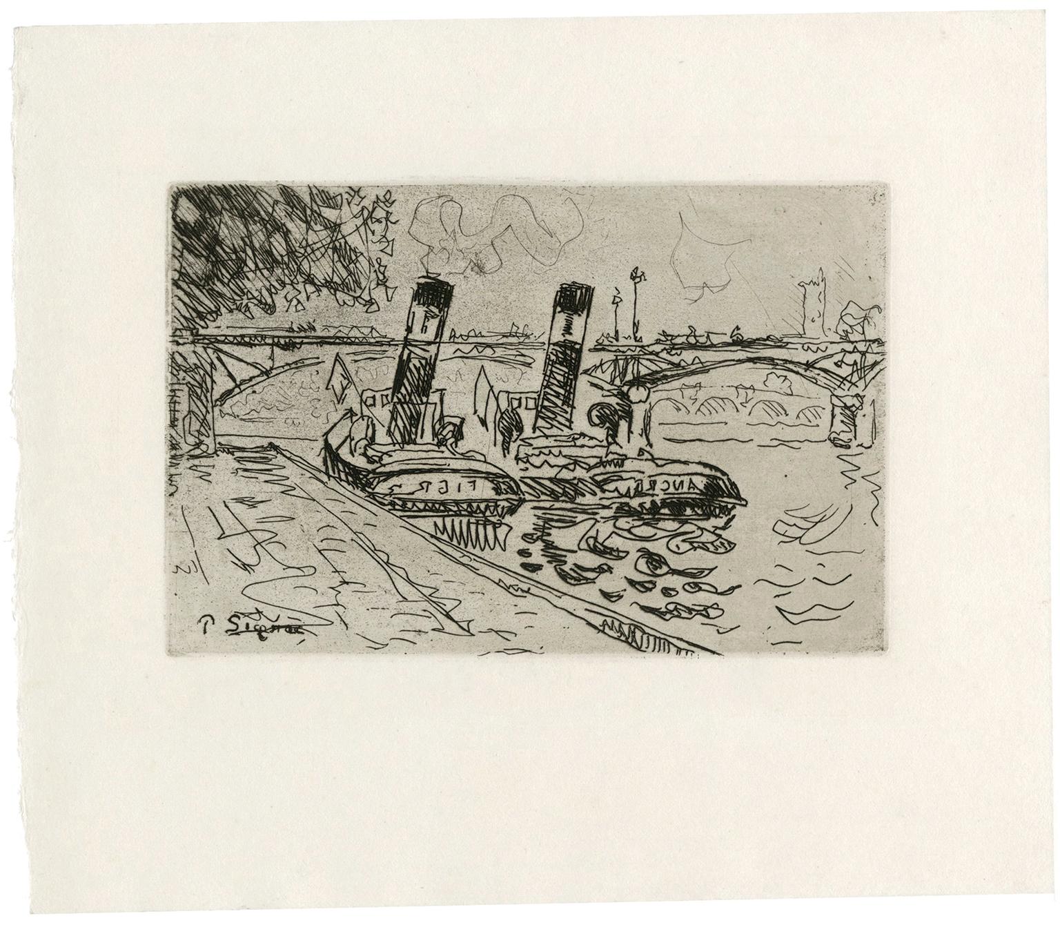 Paris: Le Pont des Arts avec Remorqueurs (Le Pont des Arts with Tugboats) - Print by Paul Signac