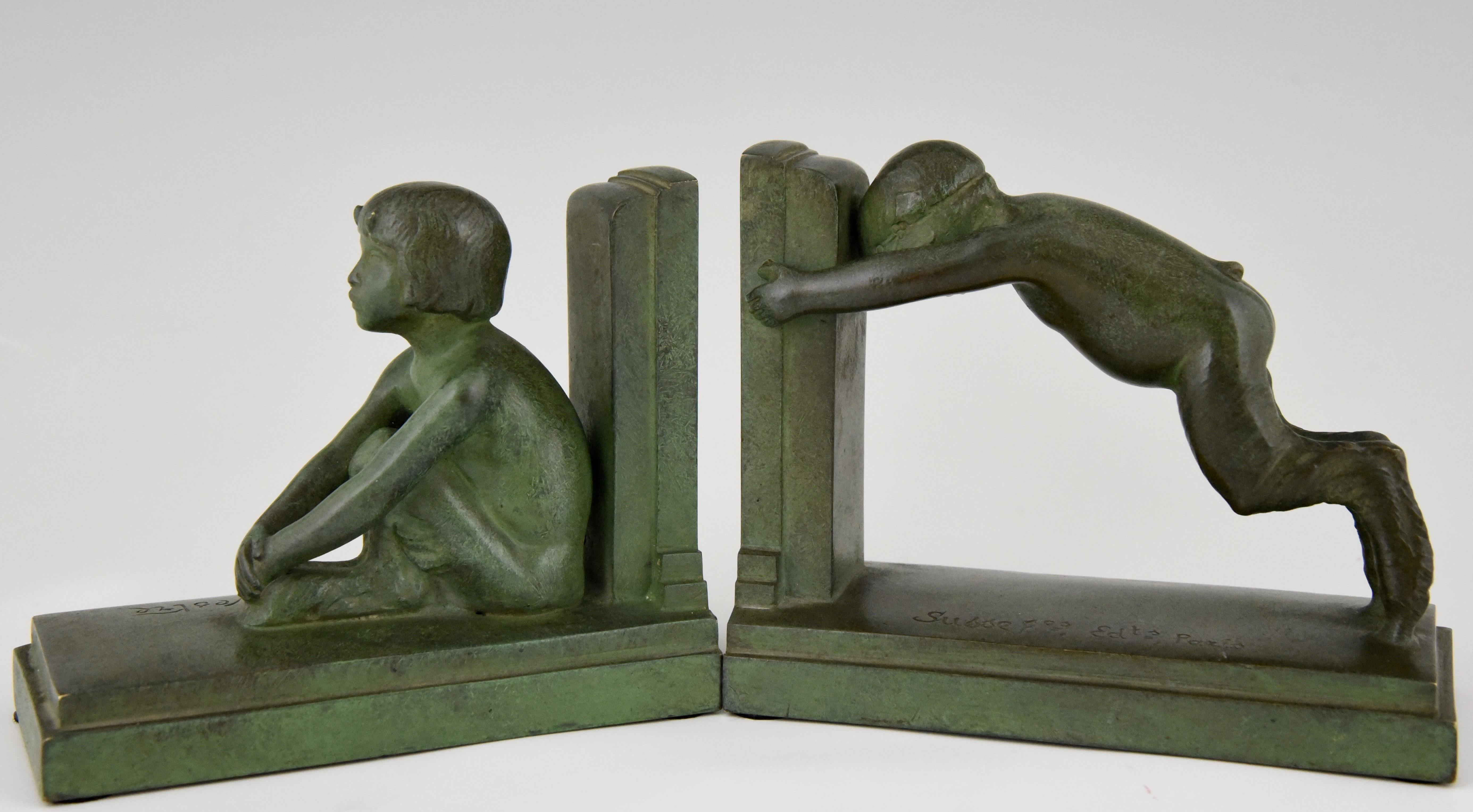 French Paul Silvestre Art Deco Bronze Bookends Boy and Girl Satyr  1920 France