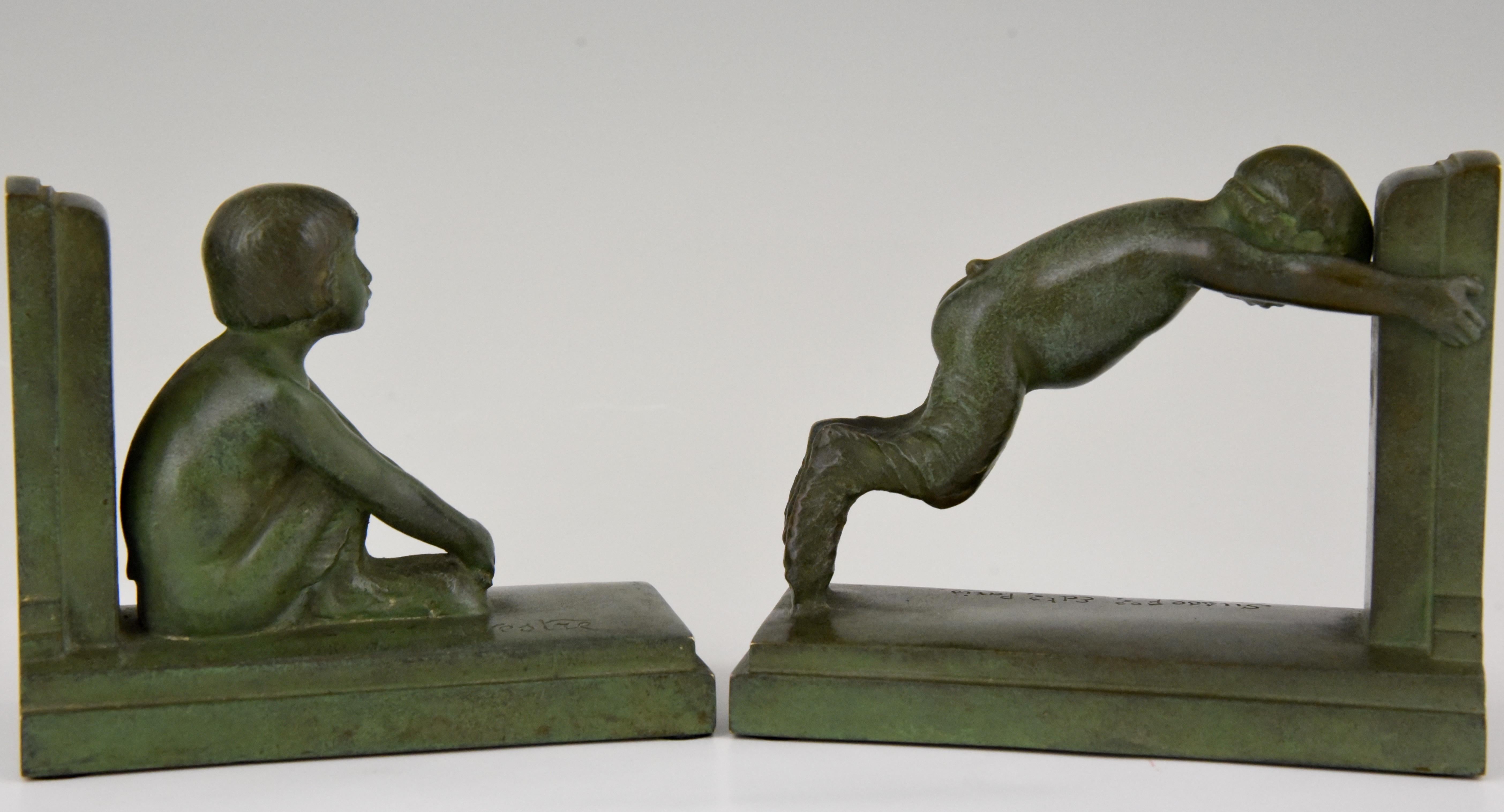 Patinated Paul Silvestre Art Deco Bronze Bookends Boy and Girl Satyr  1920 France