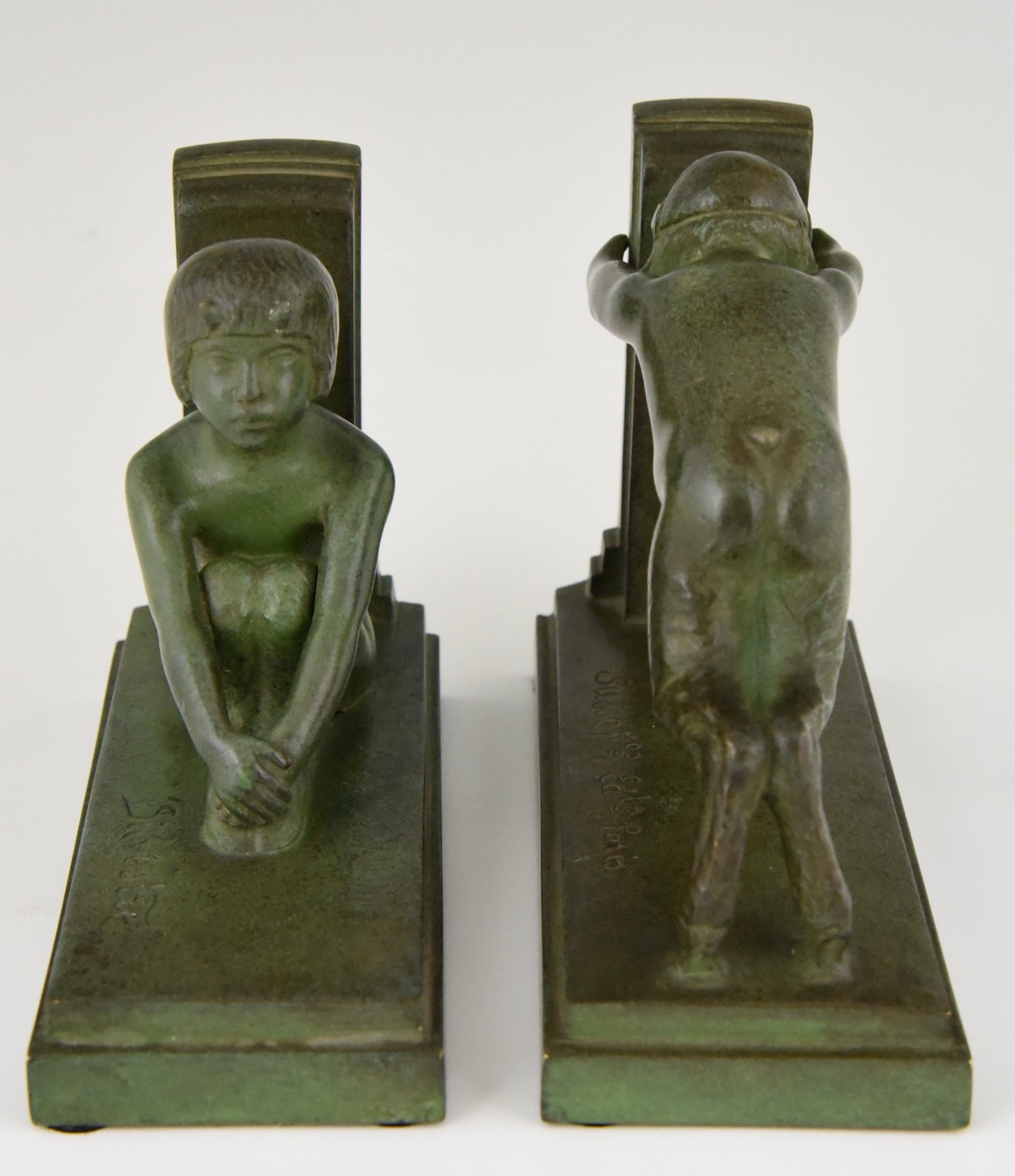 20th Century Paul Silvestre Art Deco Bronze Bookends Boy and Girl Satyr  1920 France