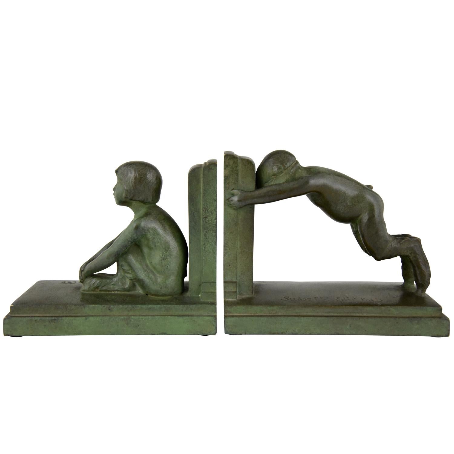 Paul Silvestre Art Deco Bronze Bookends Boy and Girl Satyr  1920 France